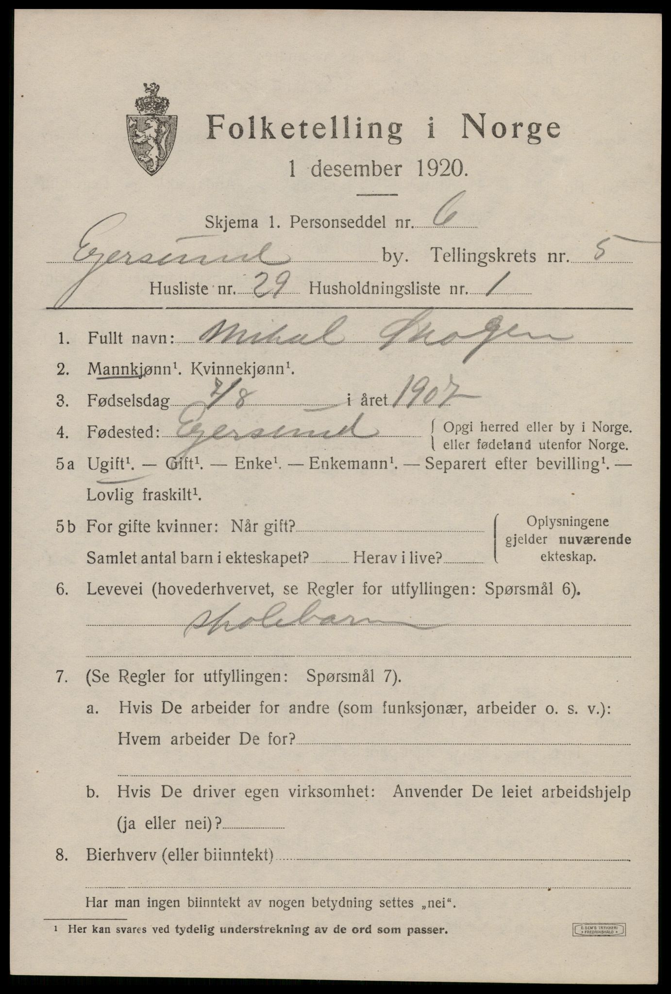 SAST, Folketelling 1920 for 1101 Egersund ladested, 1920, s. 8426
