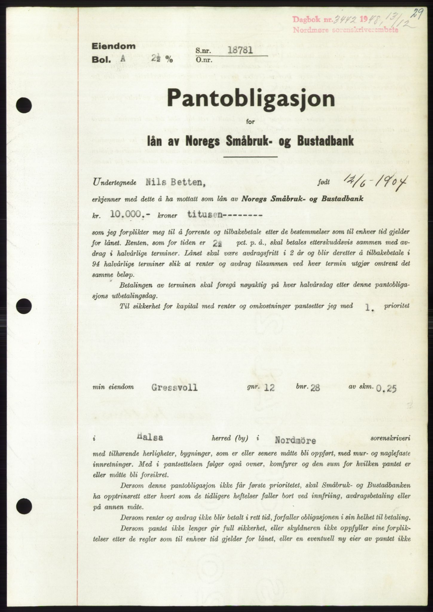 Nordmøre sorenskriveri, SAT/A-4132/1/2/2Ca: Pantebok nr. B100, 1948-1949, Dagboknr: 3442/1948