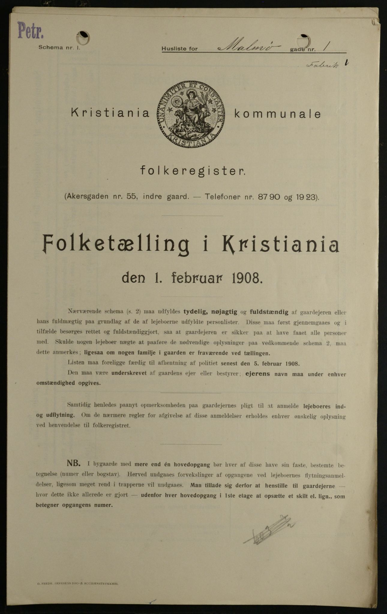 OBA, Kommunal folketelling 1.2.1908 for Kristiania kjøpstad, 1908, s. 53754