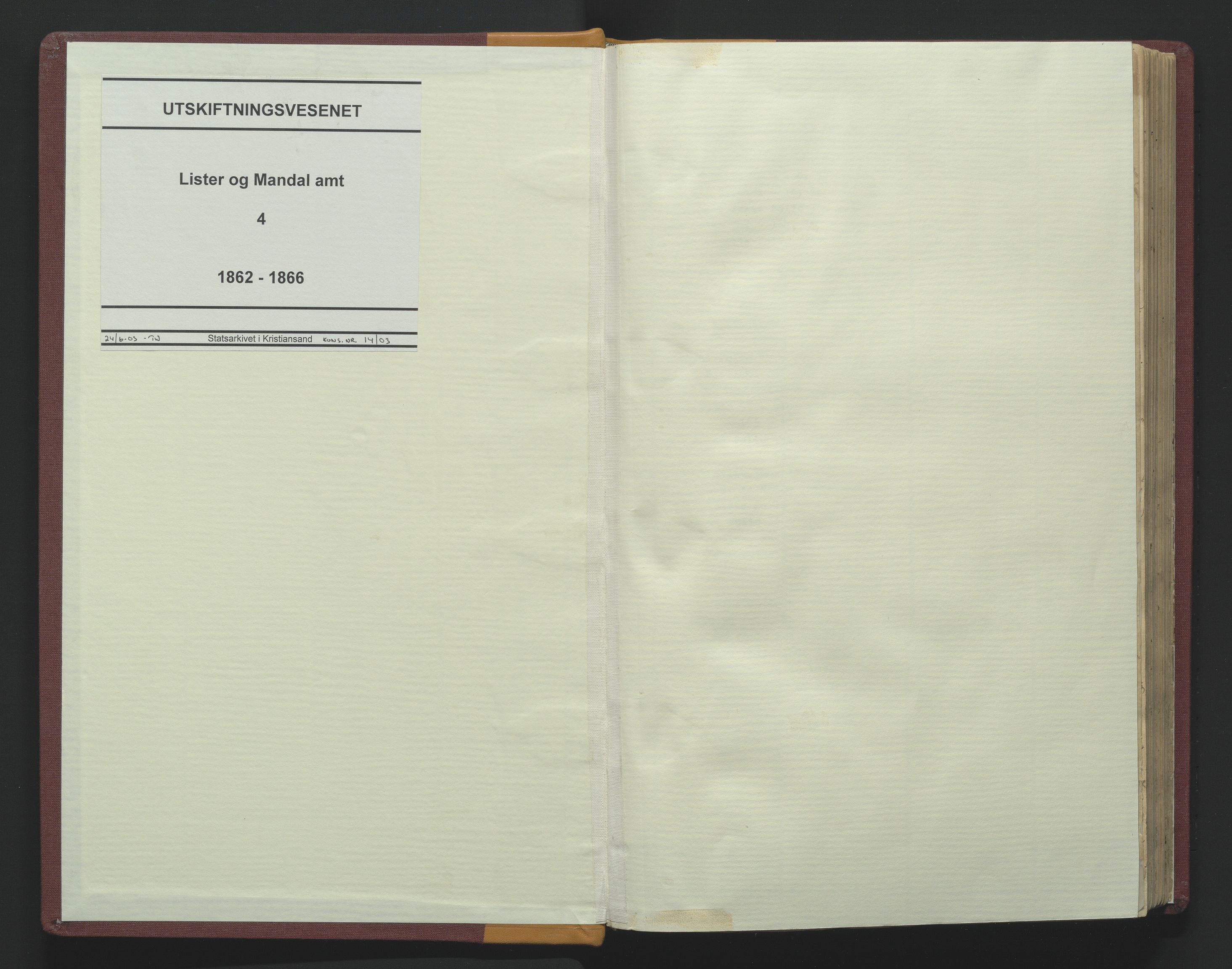 Utskiftningsformannen i Lister og Mandal amt, AV/SAK-1541-0003/F/Fa/Faa/L0004: Utskiftningsprotokoll med register nr 4, 1862-1866