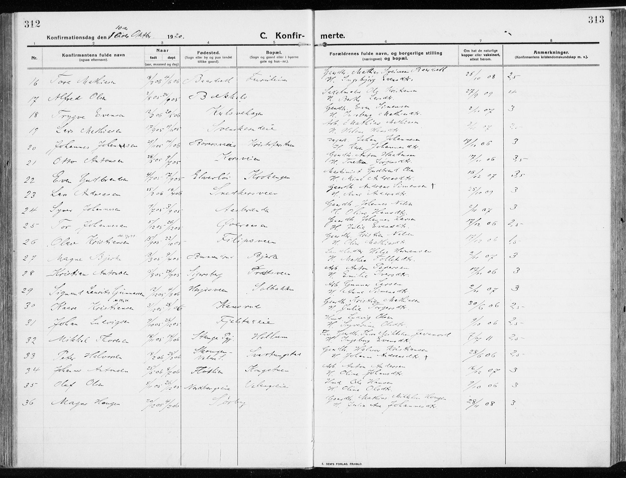 Ringsaker prestekontor, AV/SAH-PREST-014/K/Ka/L0020: Ministerialbok nr. 20, 1913-1922, s. 312-313