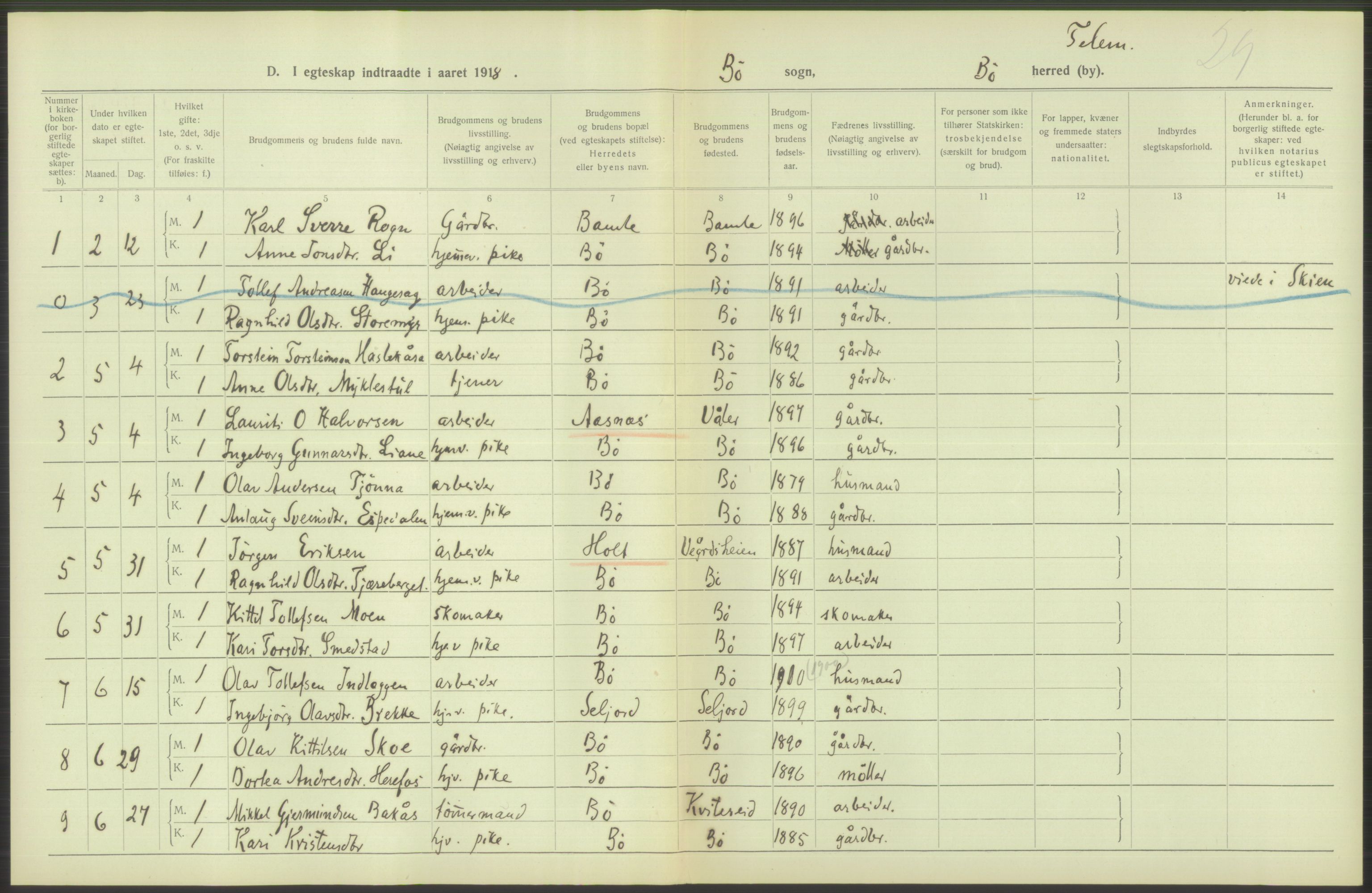 Statistisk sentralbyrå, Sosiodemografiske emner, Befolkning, RA/S-2228/D/Df/Dfb/Dfbh/L0025: Telemark fylke: Gifte, dødfødte. Bygder og byer., 1918, s. 186