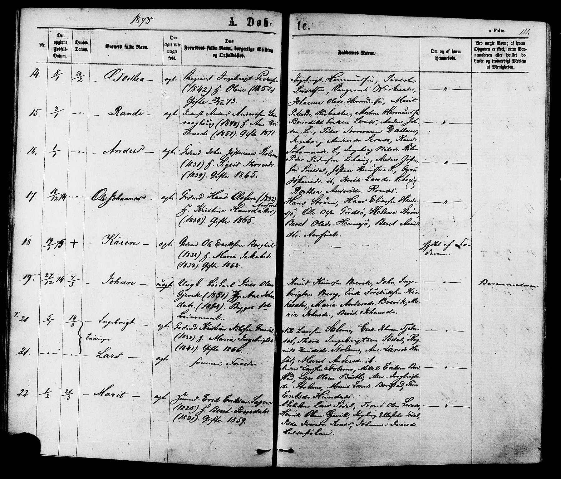Ministerialprotokoller, klokkerbøker og fødselsregistre - Sør-Trøndelag, SAT/A-1456/630/L0495: Ministerialbok nr. 630A08, 1868-1878, s. 111