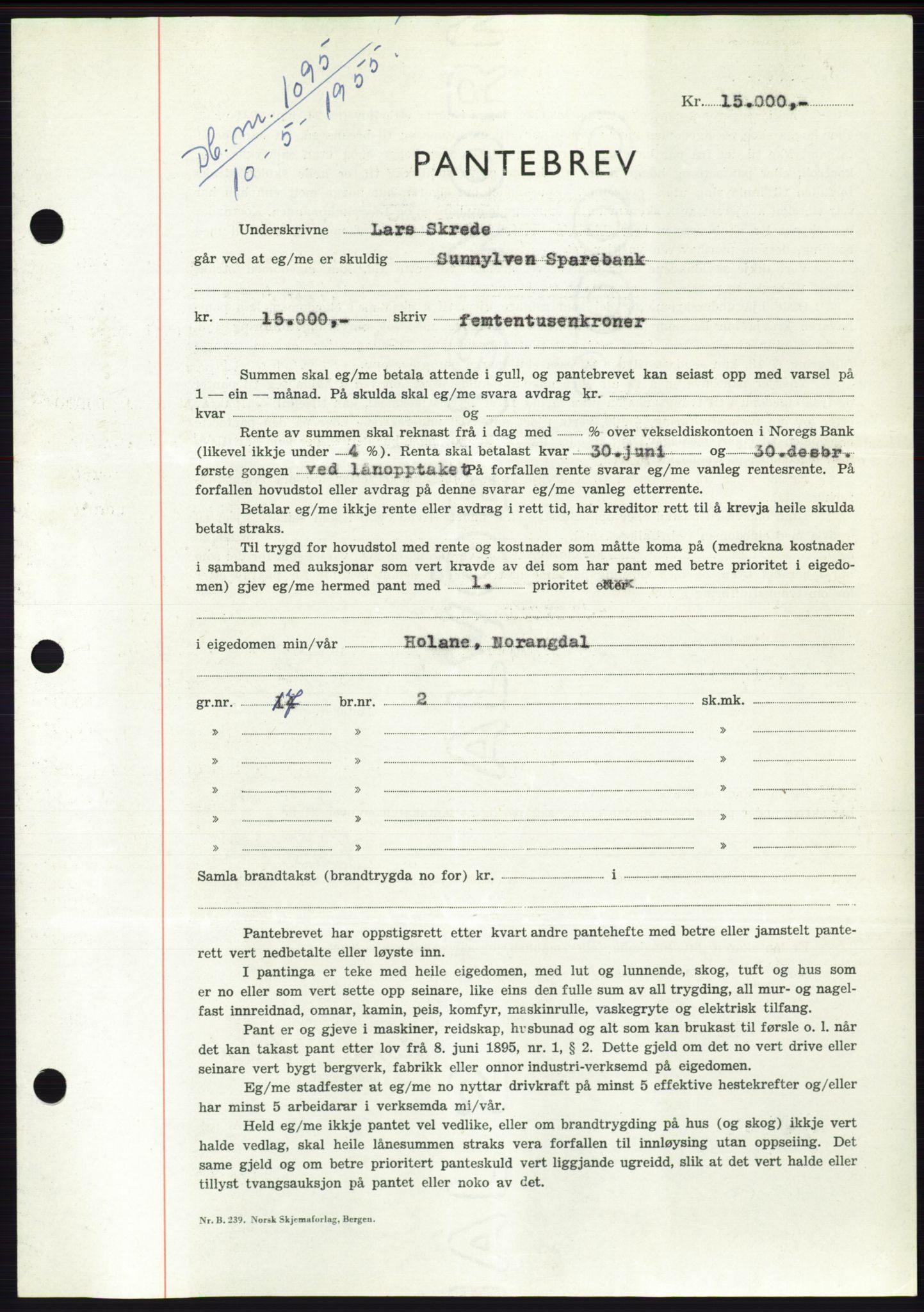 Søre Sunnmøre sorenskriveri, AV/SAT-A-4122/1/2/2C/L0126: Pantebok nr. 14B, 1954-1955, Dagboknr: 1095/1955