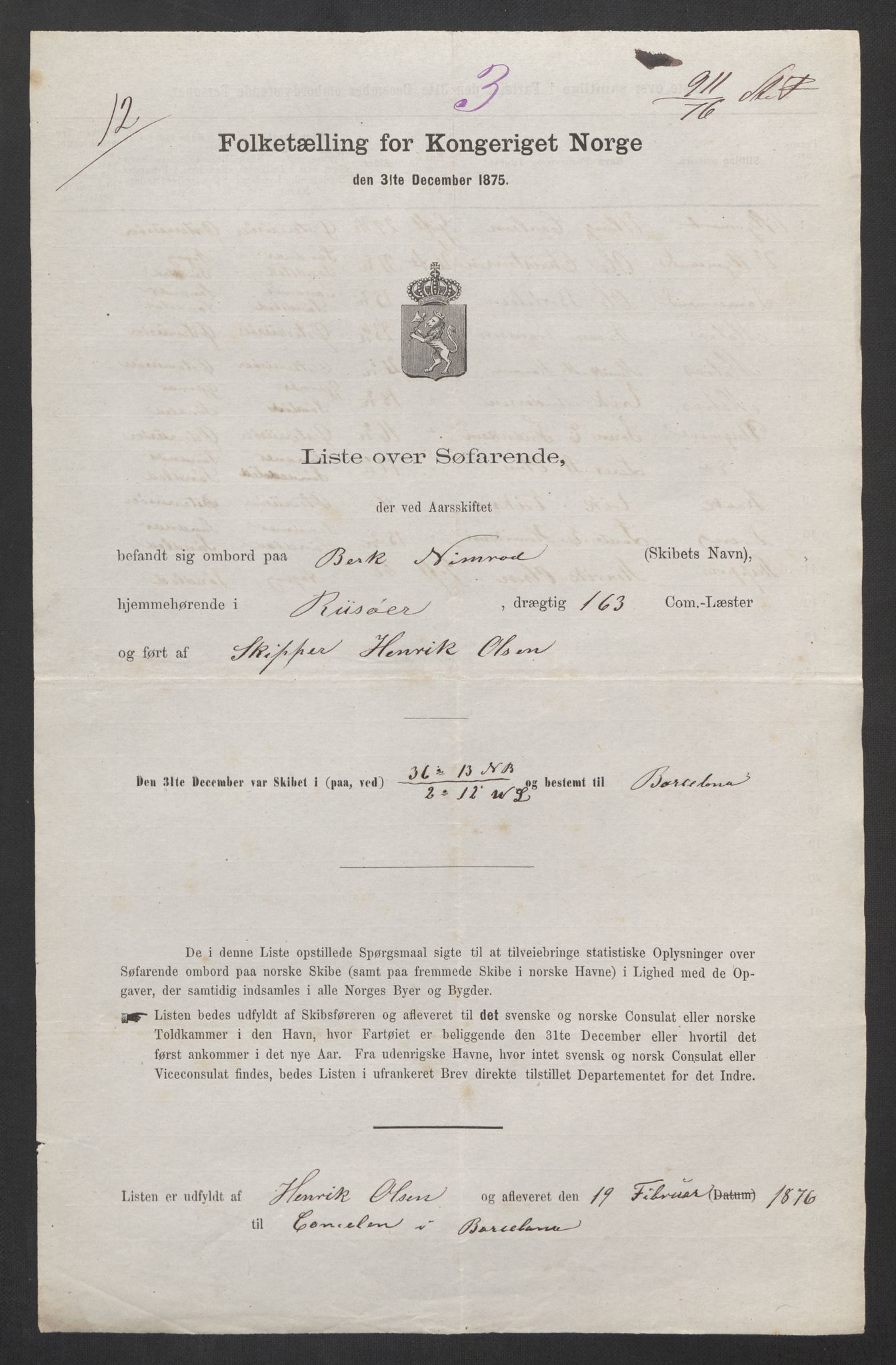 RA, Folketelling 1875, skipslister: Skip i utenrikske havner, hjemmehørende i byer og ladesteder, Fredrikshald - Arendal, 1875, s. 893