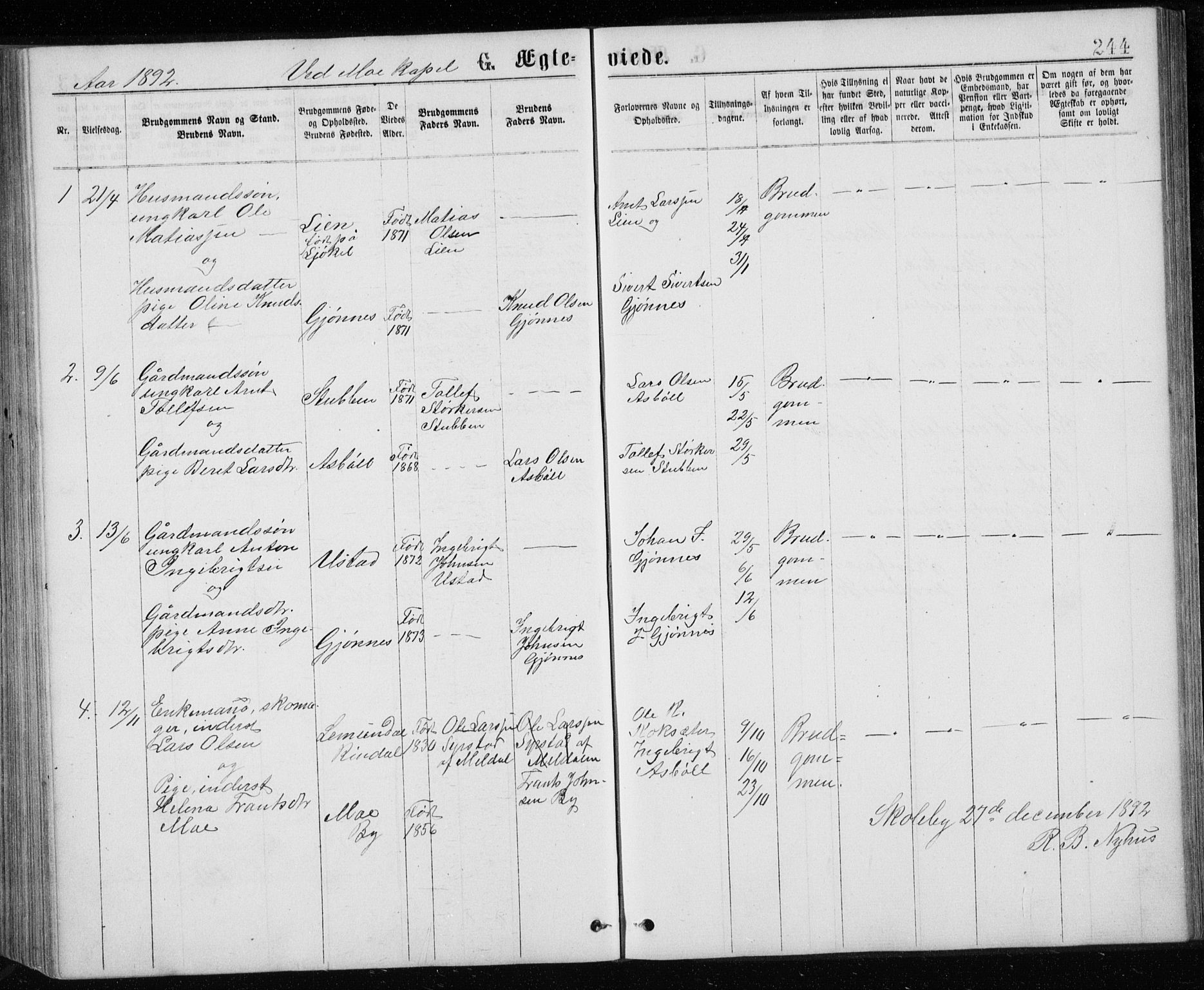 Ministerialprotokoller, klokkerbøker og fødselsregistre - Sør-Trøndelag, AV/SAT-A-1456/671/L0843: Klokkerbok nr. 671C02, 1873-1892, s. 244