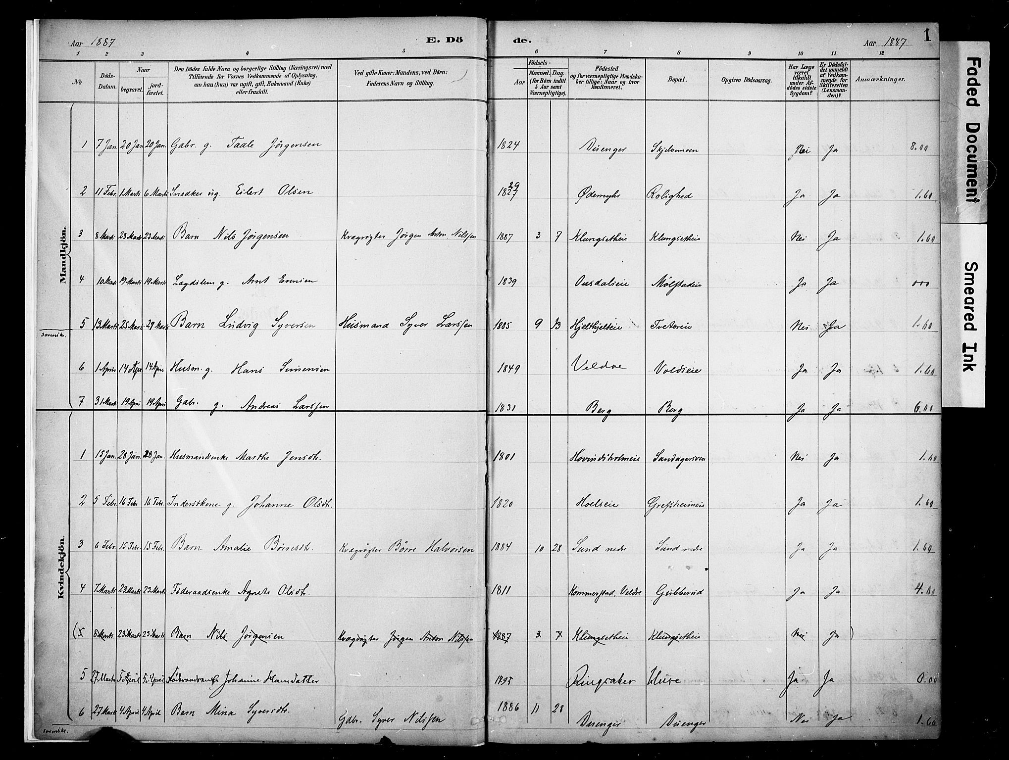 Nes prestekontor, Hedmark, AV/SAH-PREST-020/K/Ka/L0011: Ministerialbok nr. 11, 1887-1905, s. 1
