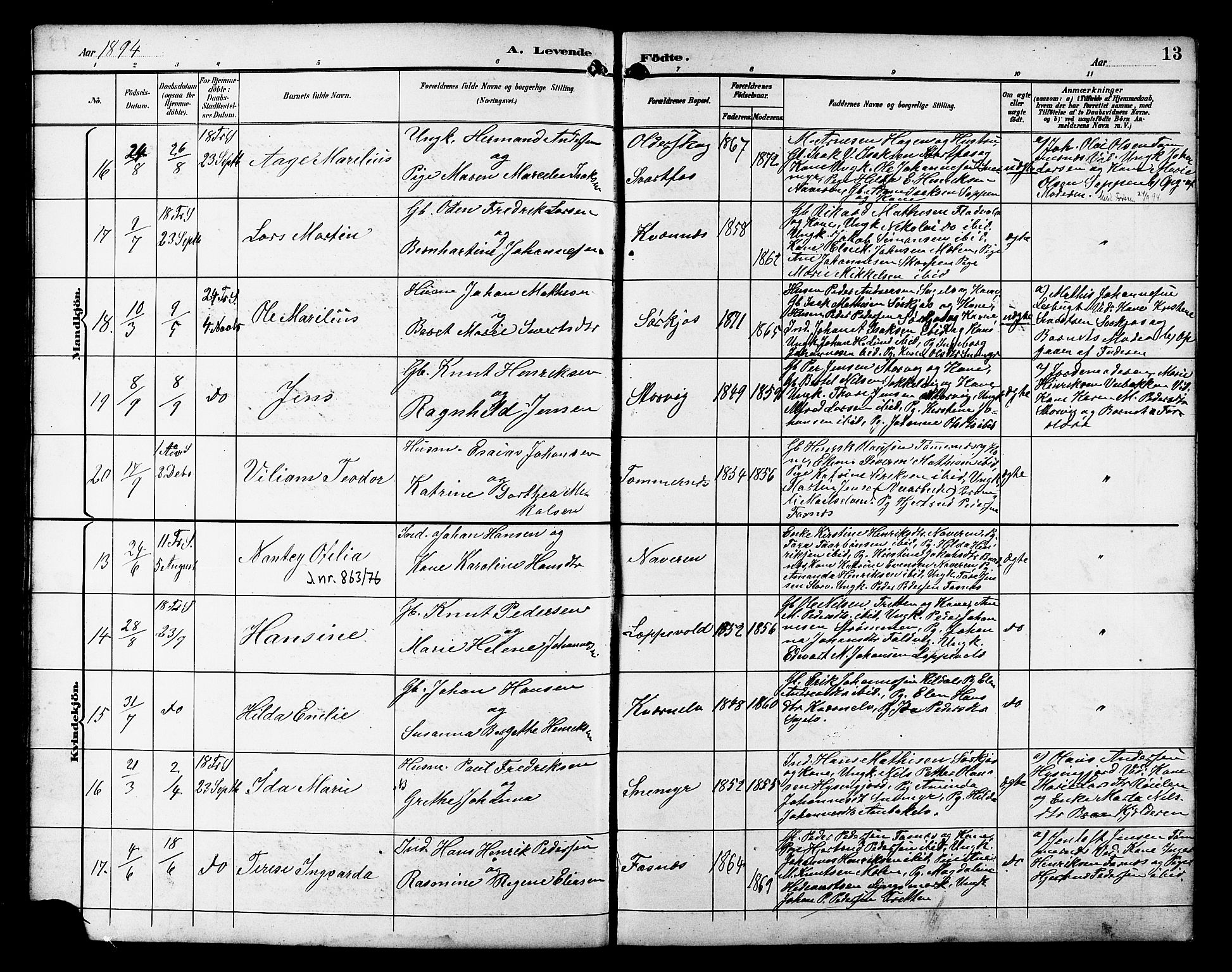 Skjervøy sokneprestkontor, AV/SATØ-S-1300/H/Ha/Hab/L0021klokker: Klokkerbok nr. 21, 1893-1910, s. 13