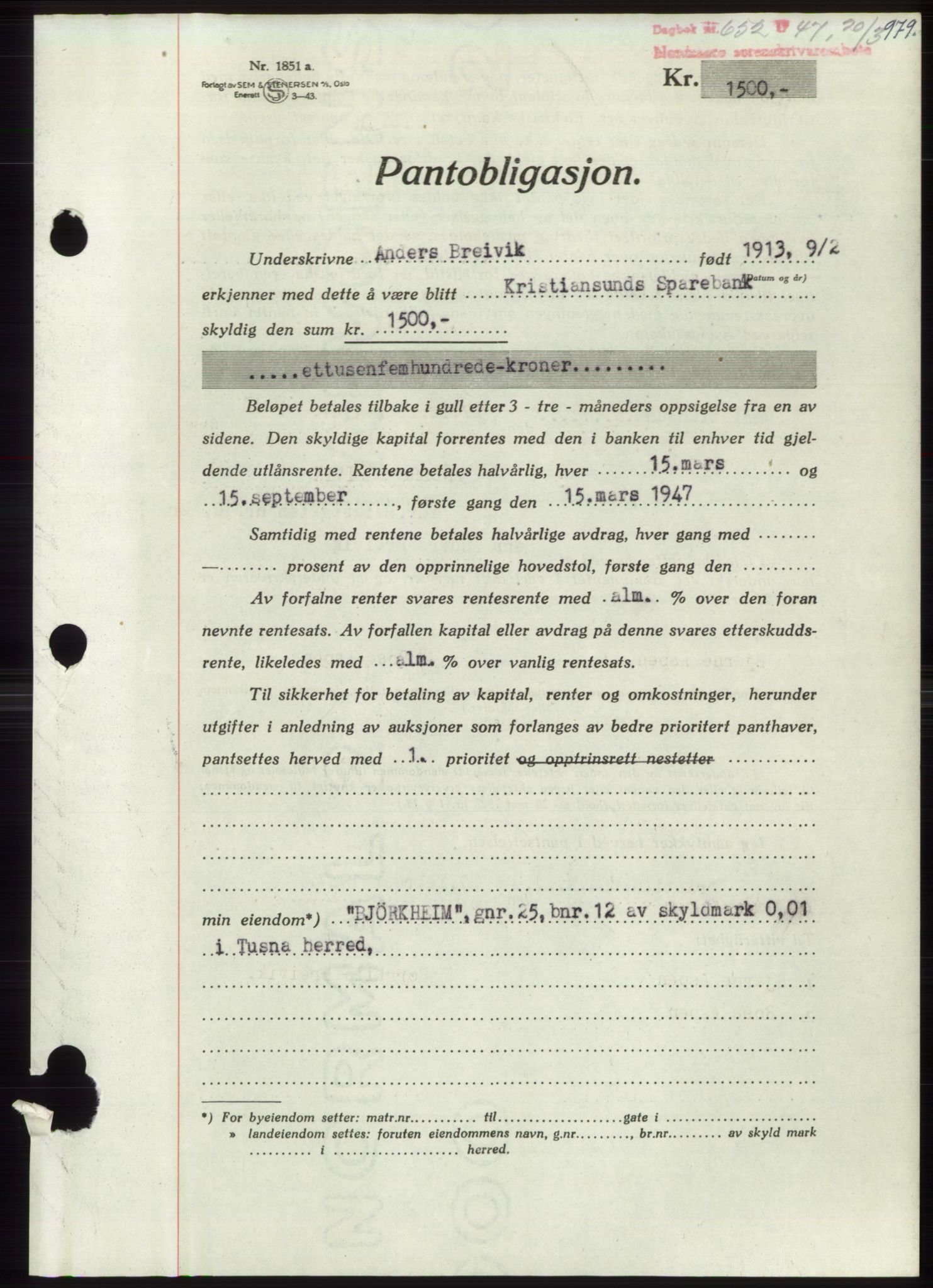 Nordmøre sorenskriveri, SAT/A-4132/1/2/2Ca: Pantebok nr. B95, 1946-1947, Dagboknr: 652/1947