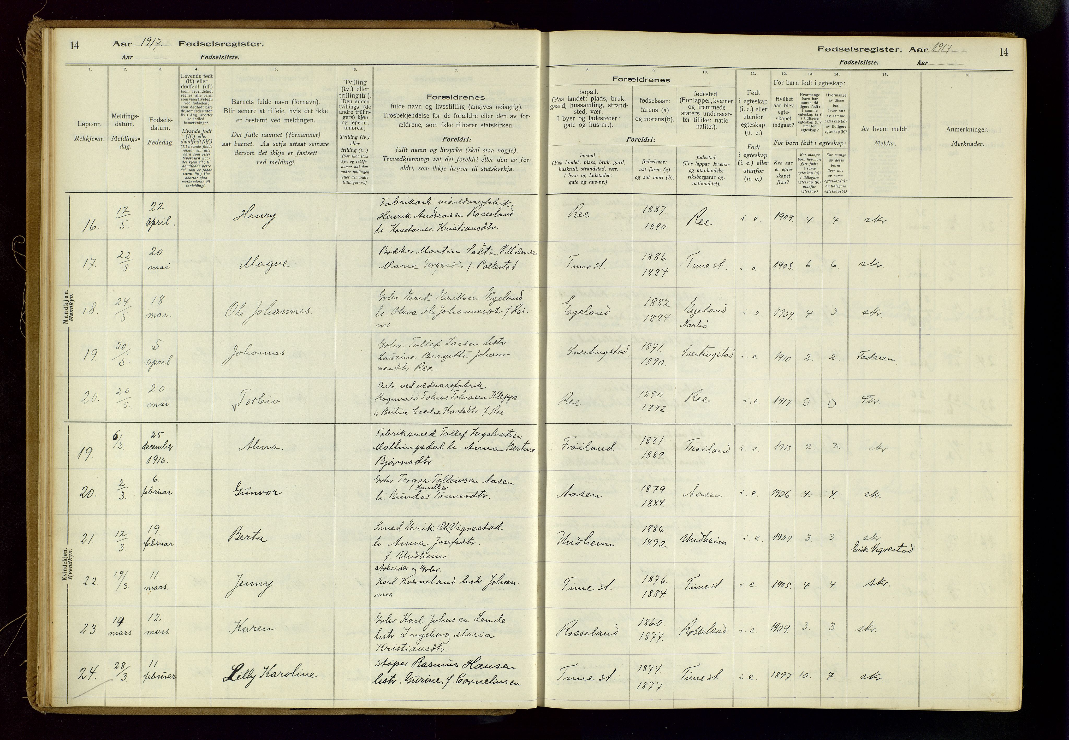 Time sokneprestkontor, AV/SAST-A-101795/001/704BA/L0001: Fødselsregister nr. 1, 1916-1934, s. 14