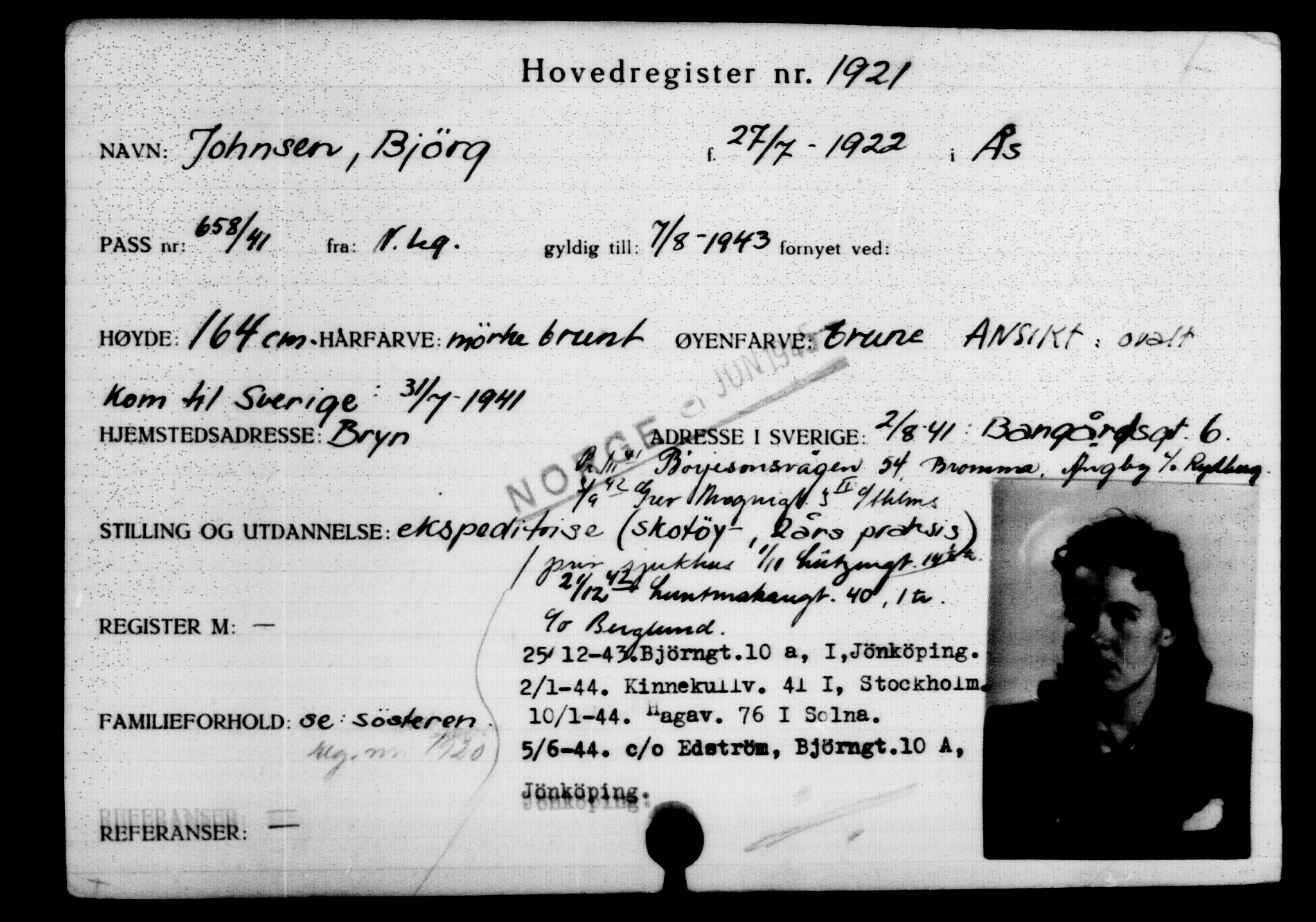 Utenriksstasjonene, Legasjonen i Stockholm, Flyktningkontoret, AV/RA-S-6753/V/Va/L0002: Kjesäterkartoteket, flyktninger med registreringsnr. 1001-2000, 1940-1945, s. 1312