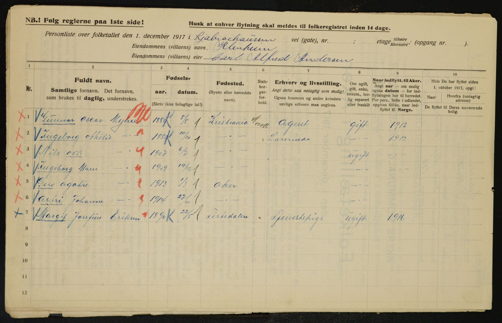 OBA, Kommunal folketelling 1.12.1917 for Aker, 1917, s. 20140