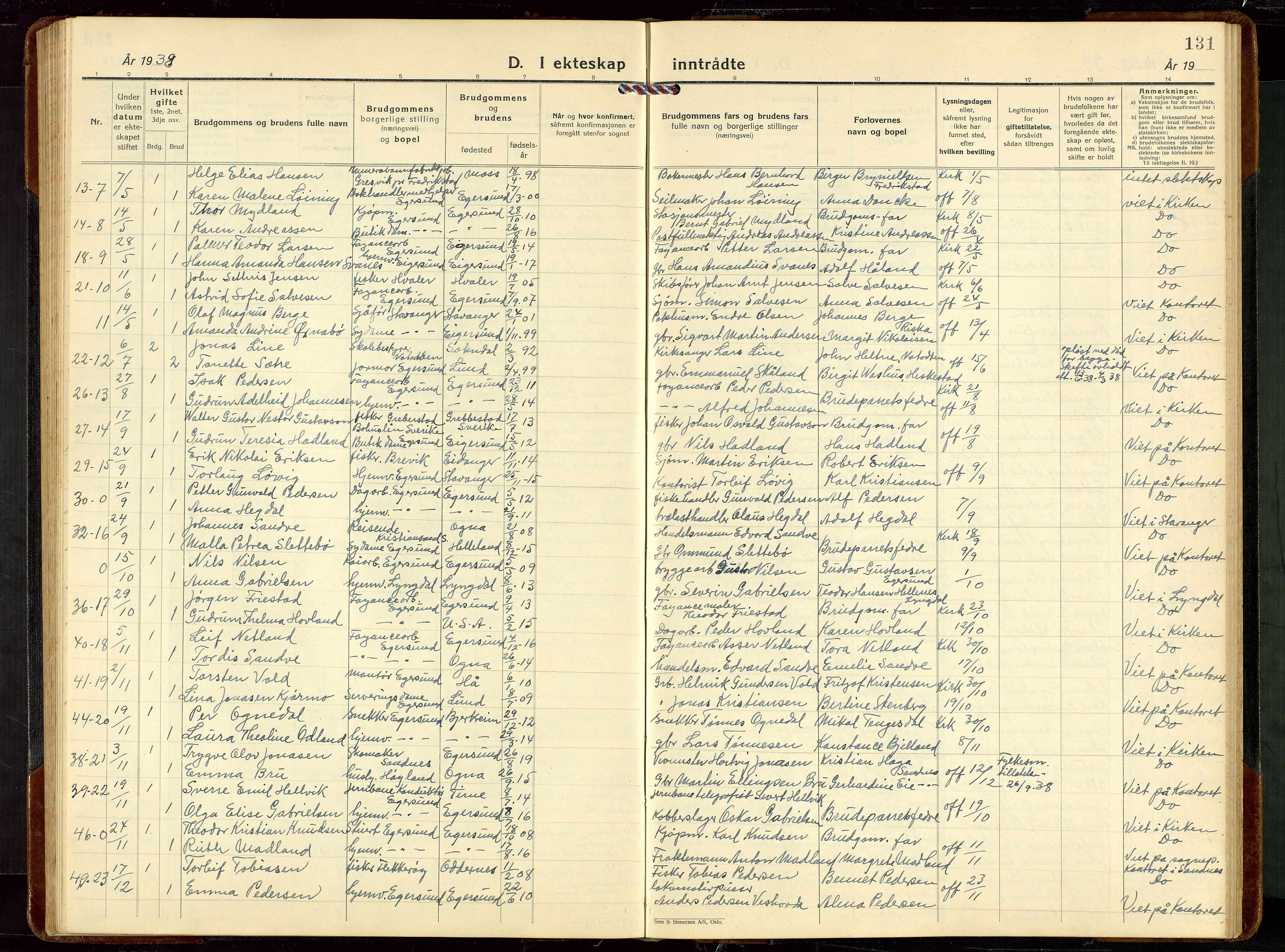 Eigersund sokneprestkontor, AV/SAST-A-101807/S09/L0014: Klokkerbok nr. B 14, 1931-1949, s. 131