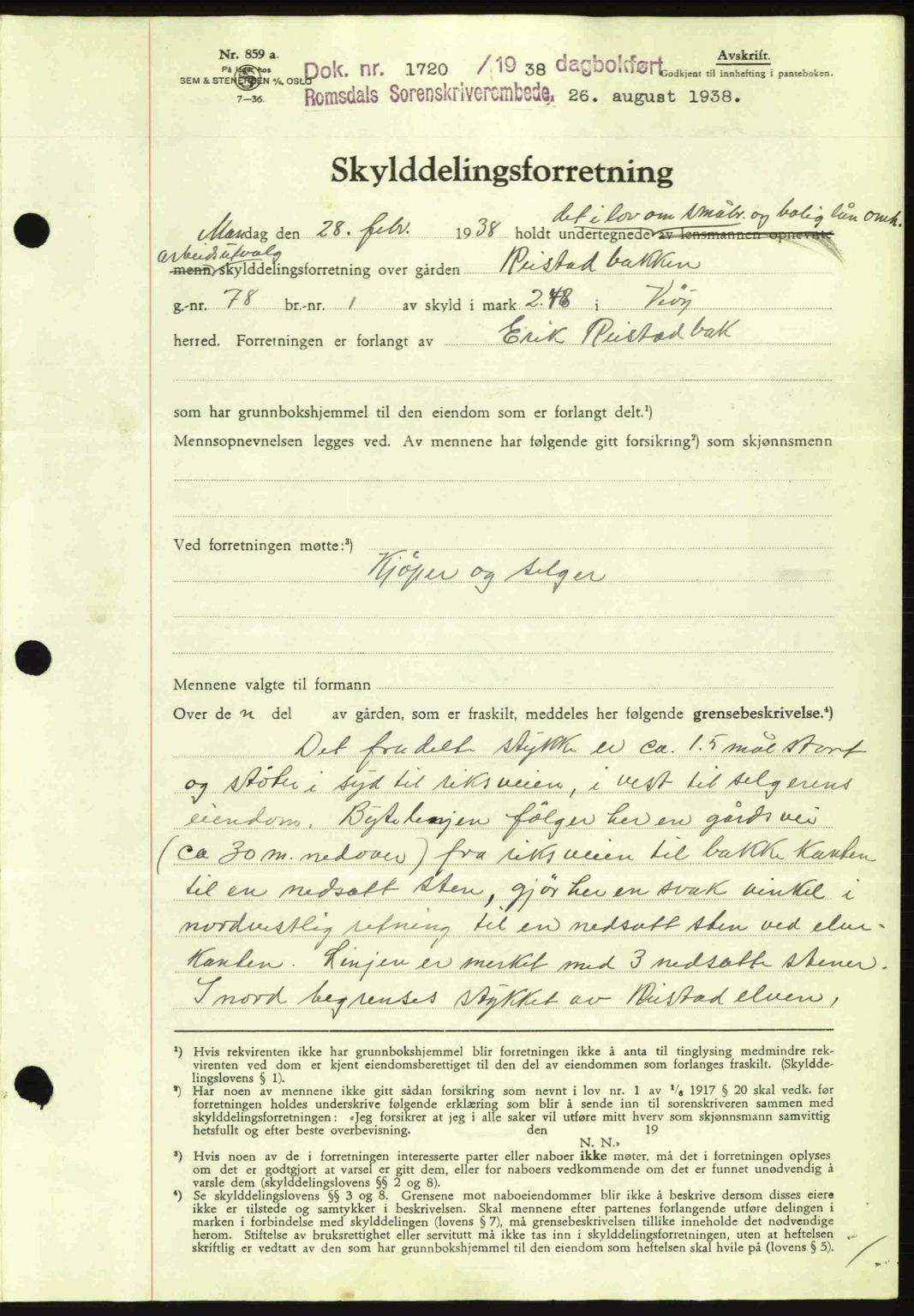 Romsdal sorenskriveri, SAT/A-4149/1/2/2C: Pantebok nr. A5, 1938-1938, Dagboknr: 1720/1938