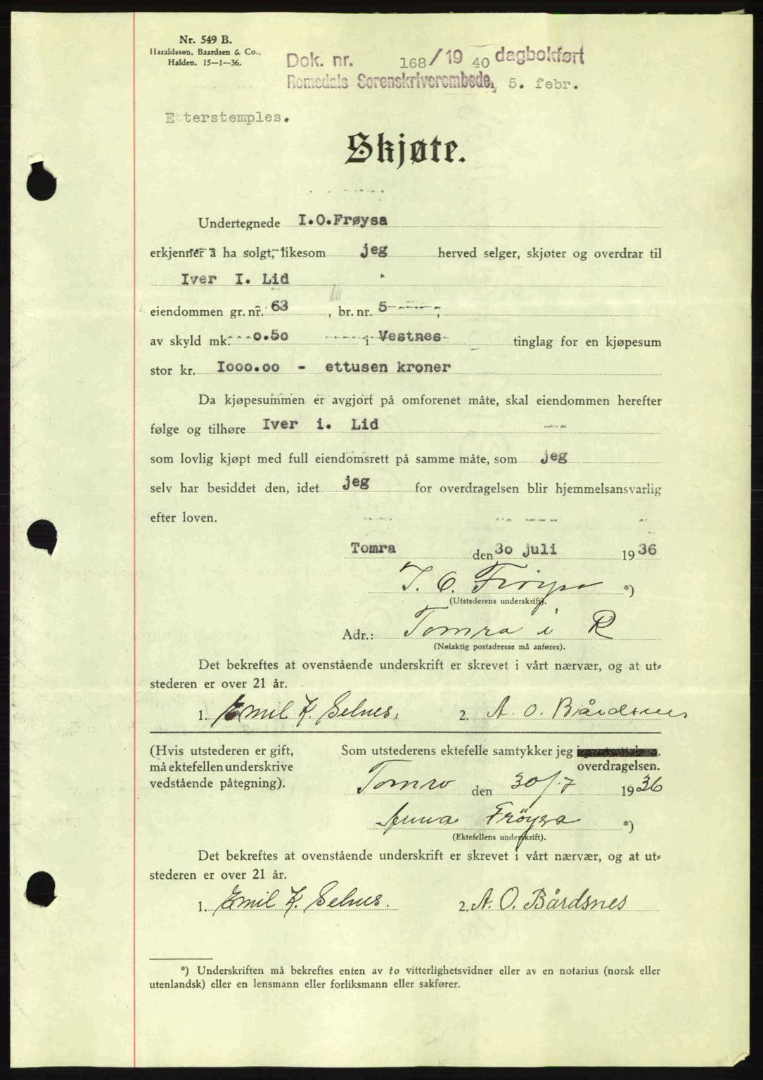 Romsdal sorenskriveri, AV/SAT-A-4149/1/2/2C: Pantebok nr. A8, 1939-1940, Dagboknr: 168/1940