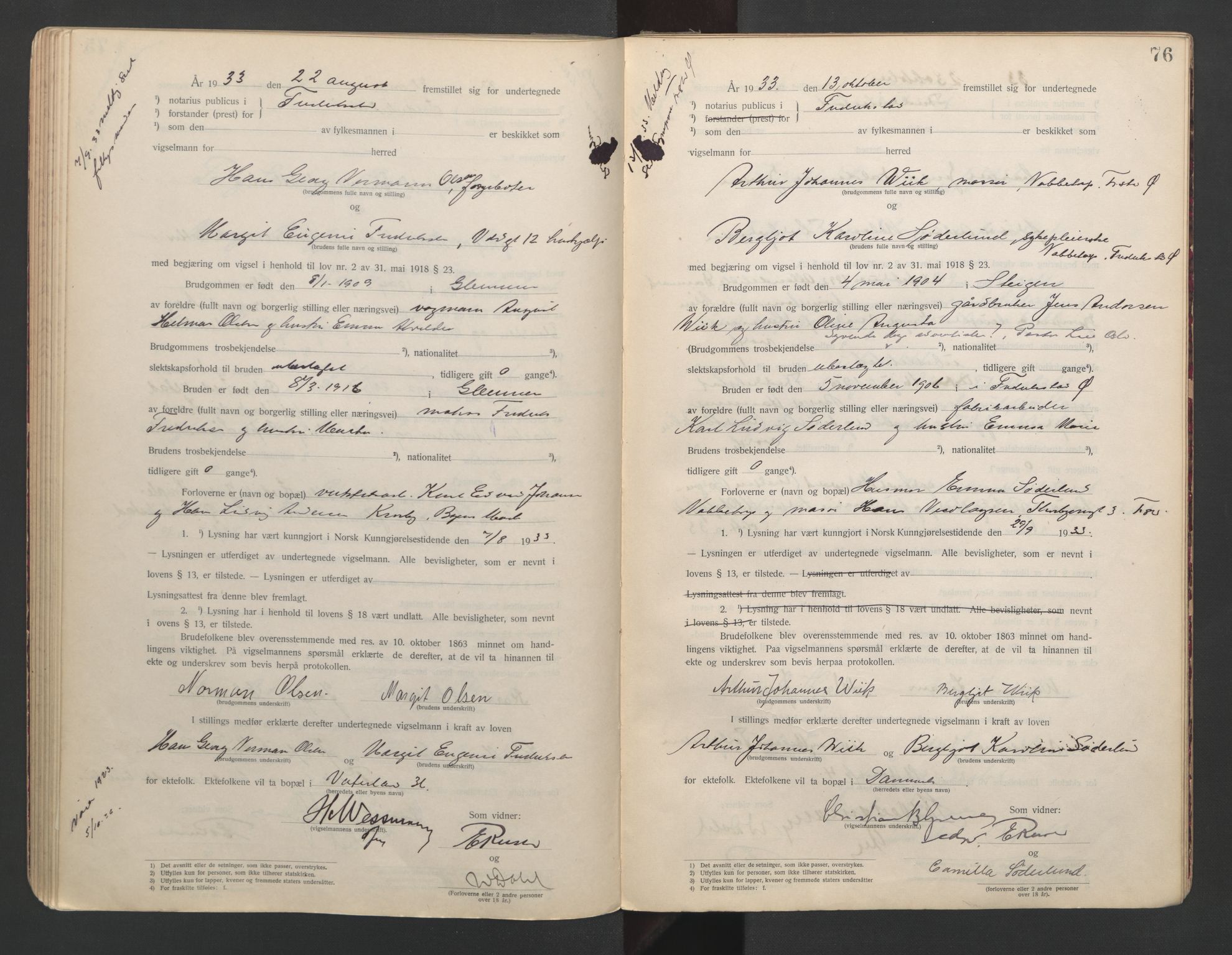 Fredrikstad byfogd, AV/SAO-A-10473a/L/Lc/L0001: Vigselsbok, 1920-1937, s. 76