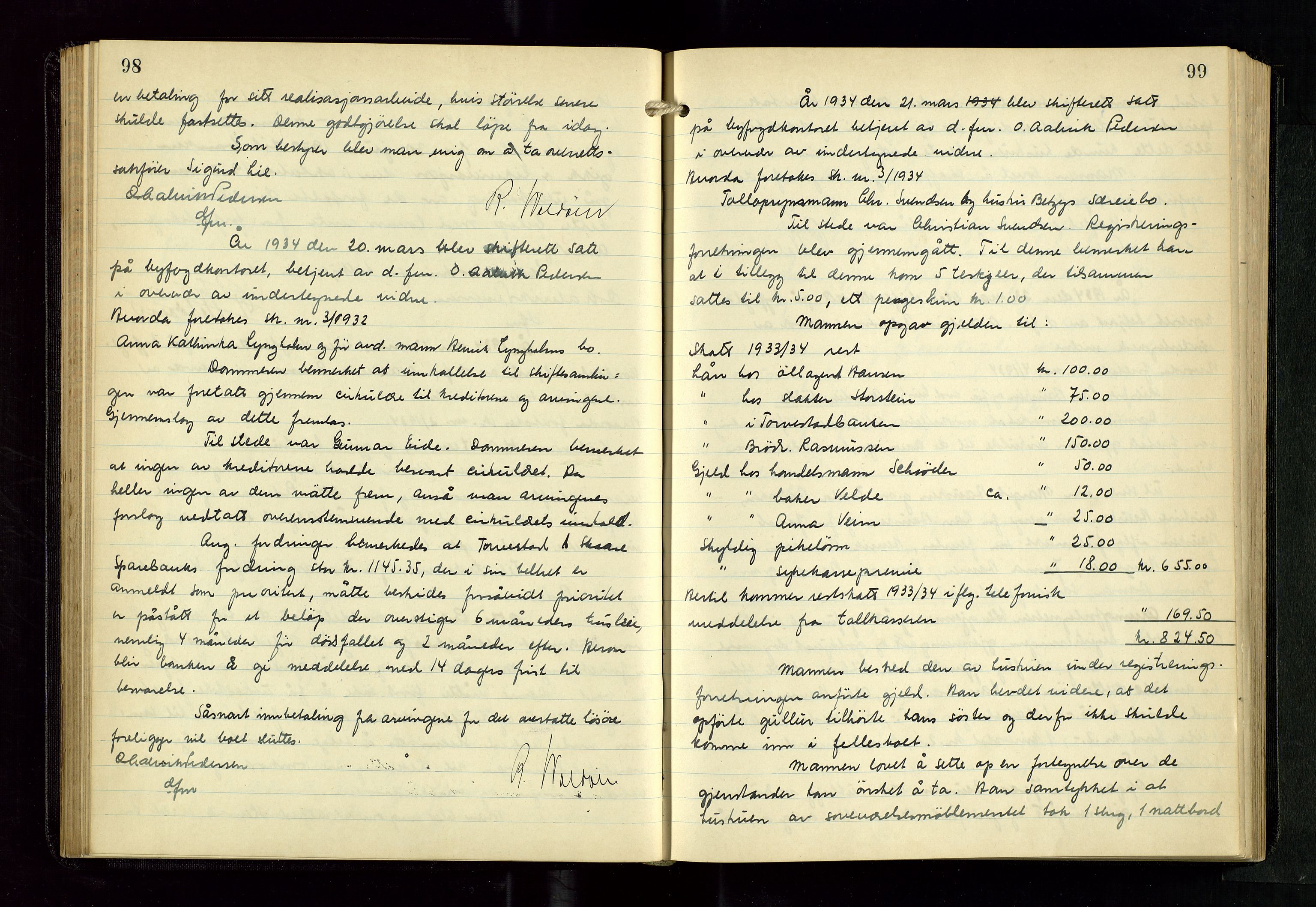 Haugesund tingrett, AV/SAST-A-101415/01/IV/IVC/L0007: Skifteforhandlingsprotokoll, med register, 1933-1939, s. 98-99
