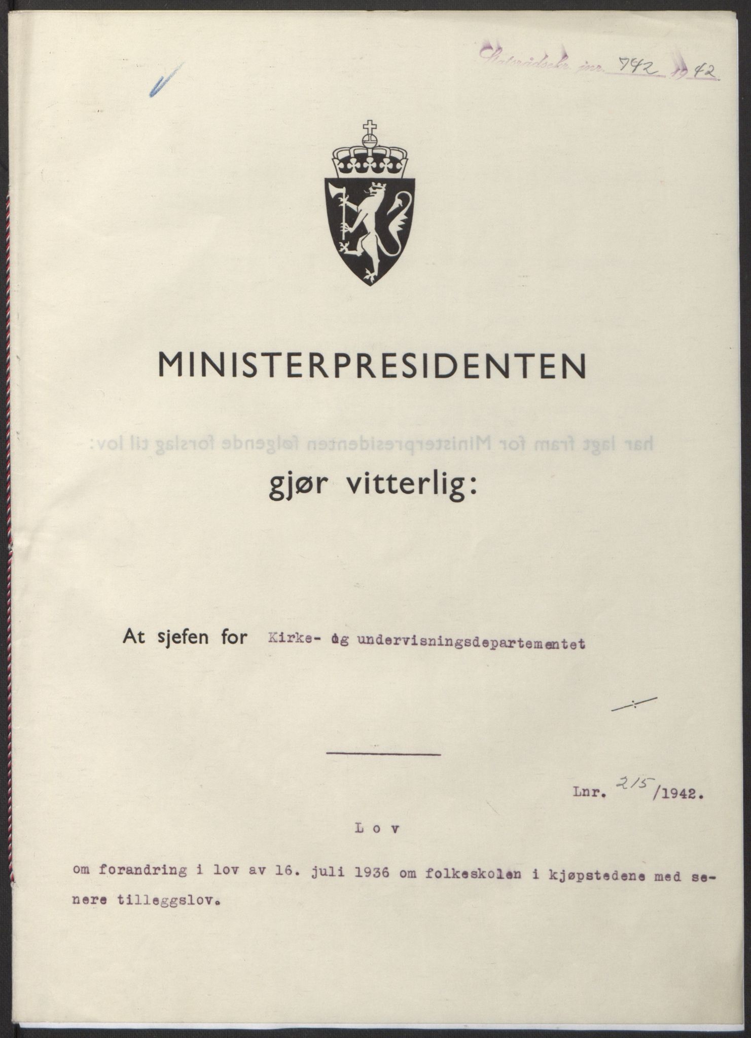 NS-administrasjonen 1940-1945 (Statsrådsekretariatet, de kommisariske statsråder mm), AV/RA-S-4279/D/Db/L0098: Lover II, 1942, s. 493