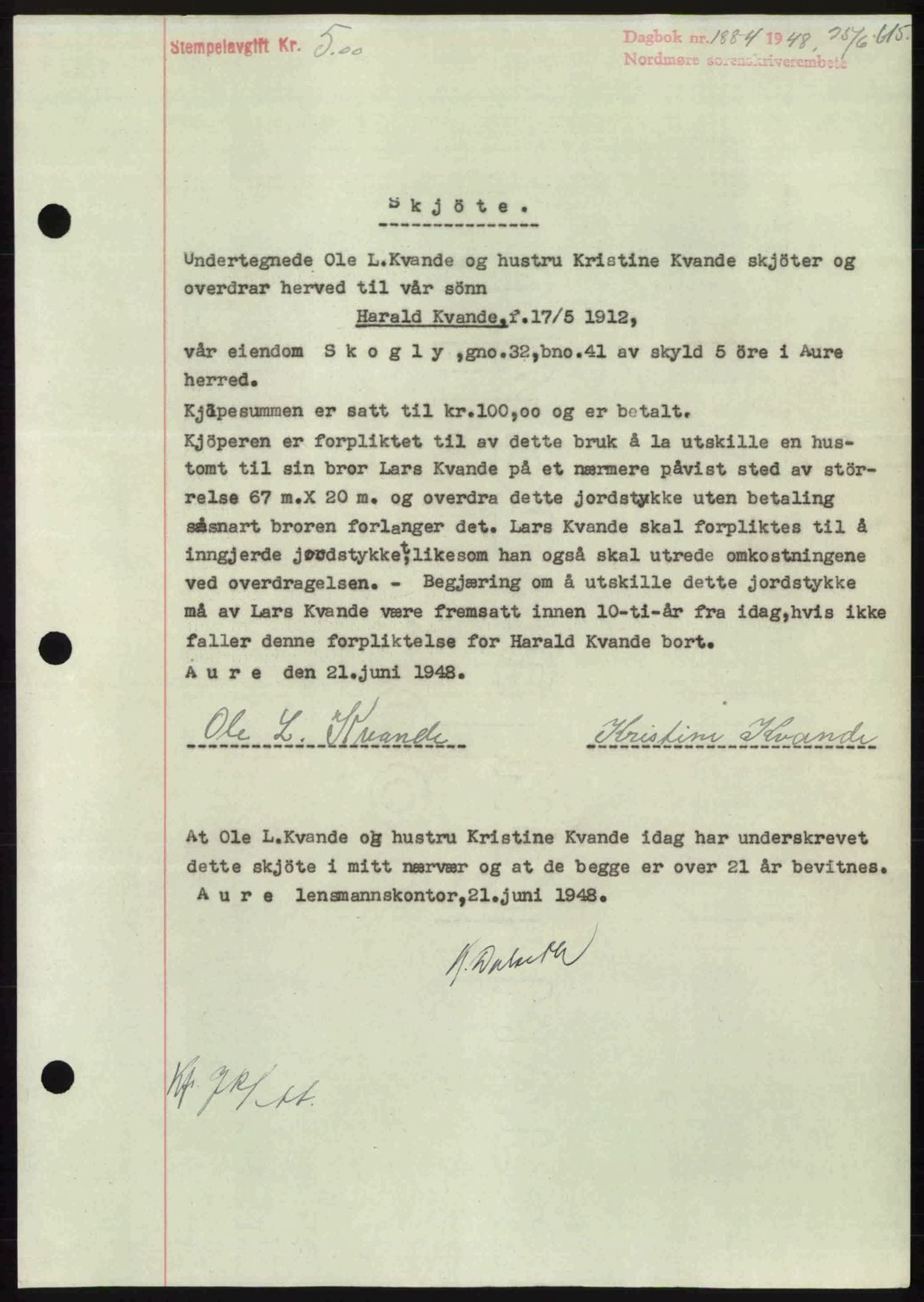 Nordmøre sorenskriveri, SAT/A-4132/1/2/2Ca: Pantebok nr. A108, 1948-1948, Dagboknr: 1884/1948