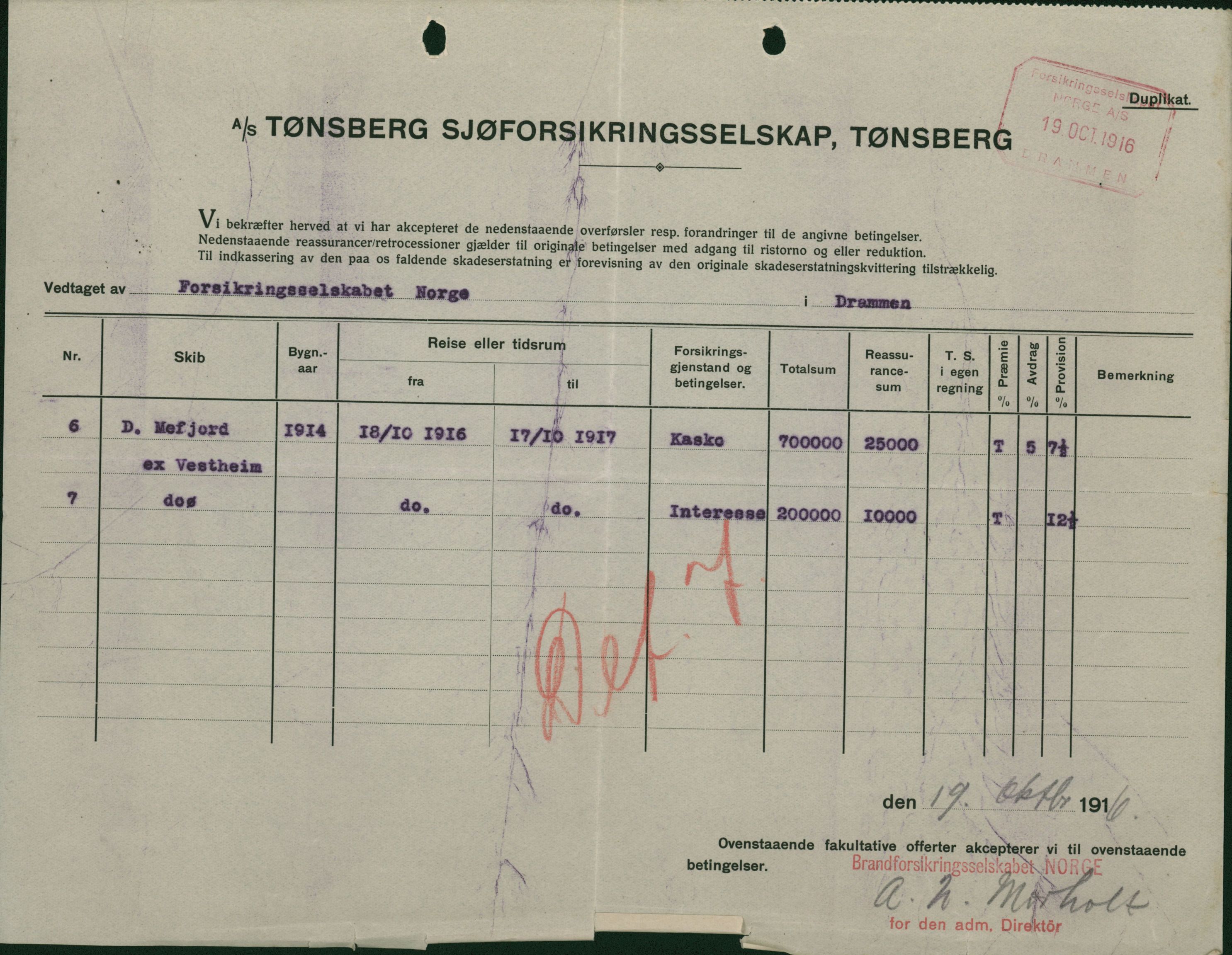 Pa 664 - Tønsberg Sjøforsikringsselskap, VEMU/A-1773/F/L0001: Forsikringspoliser, 1915-1918