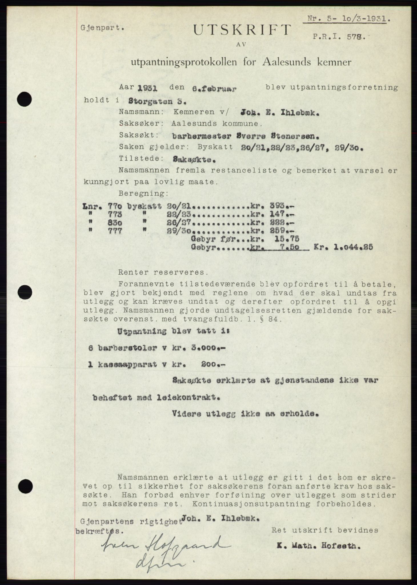 Ålesund byfogd, AV/SAT-A-4384: Pantebok nr. 27, 1930-1931, Tingl.dato: 10.03.1931