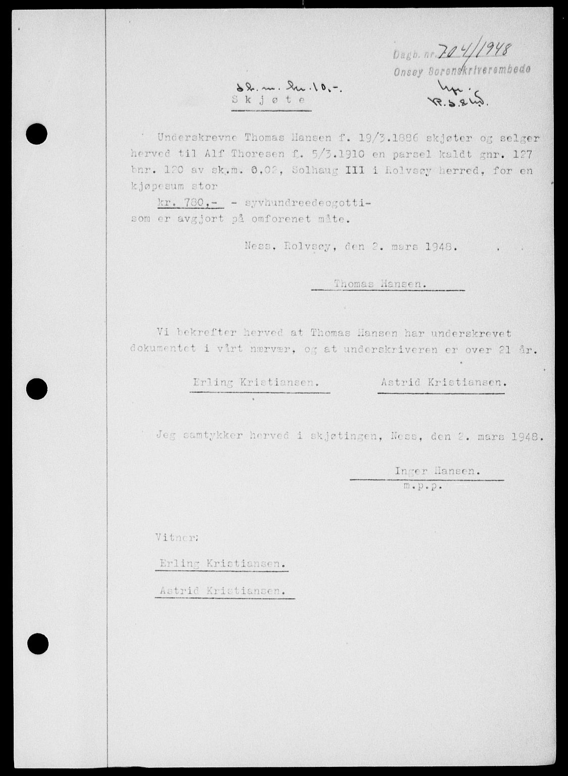 Onsøy sorenskriveri, SAO/A-10474/G/Ga/Gab/L0022: Pantebok nr. II A-22, 1947-1948, Dagboknr: 704/1948