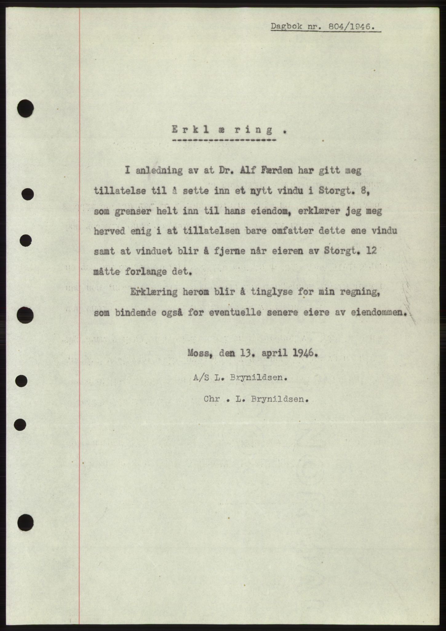Moss sorenskriveri, SAO/A-10168: Pantebok nr. B15, 1946-1946, Dagboknr: 804/1946