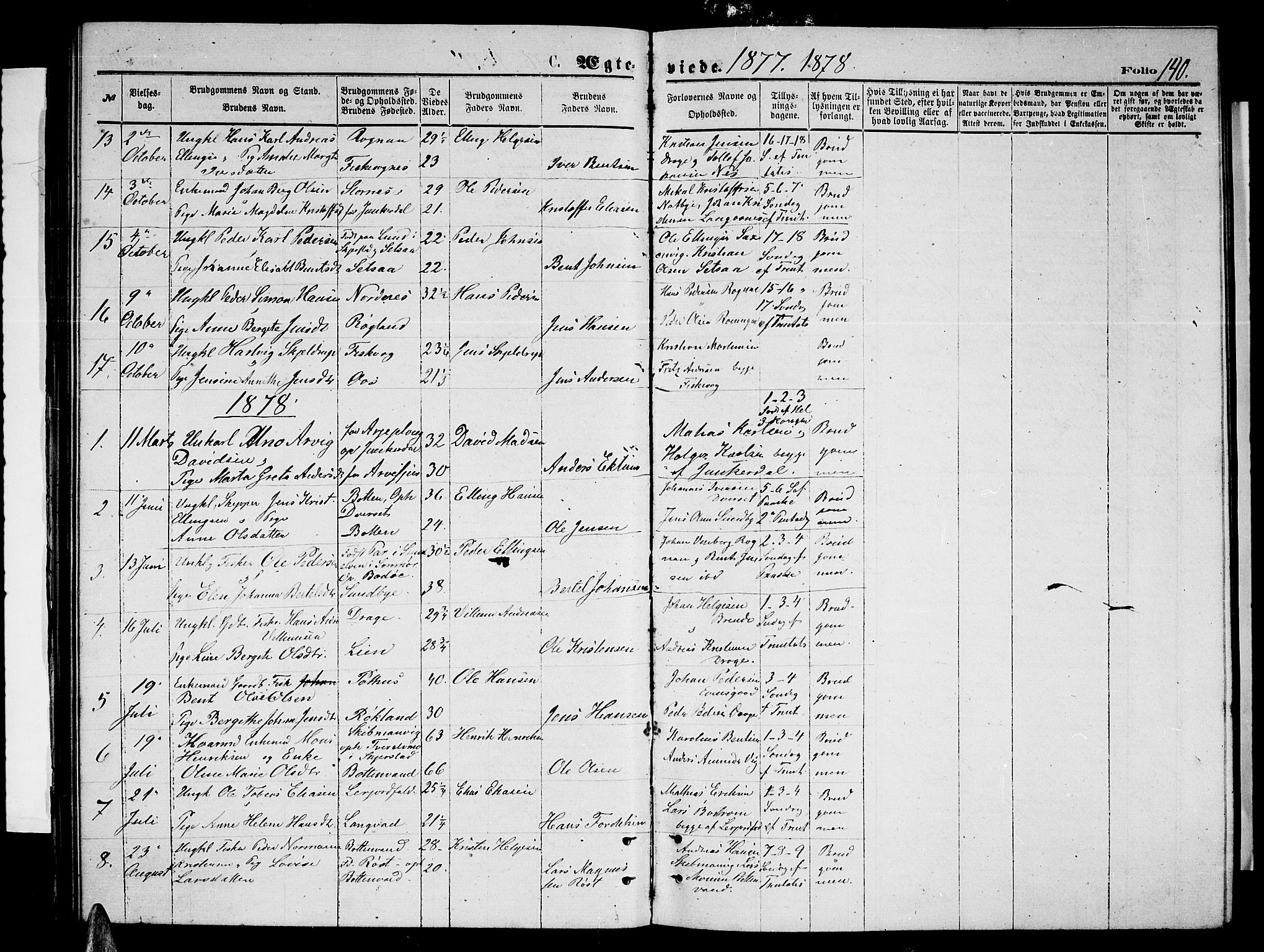 Ministerialprotokoller, klokkerbøker og fødselsregistre - Nordland, SAT/A-1459/847/L0679: Klokkerbok nr. 847C07, 1870-1888, s. 140