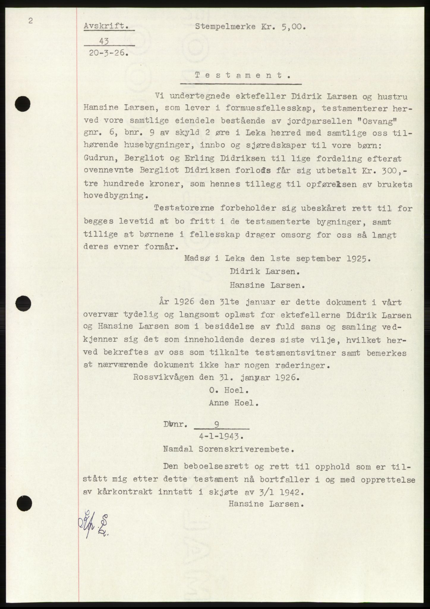 Namdal sorenskriveri, SAT/A-4133/1/2/2C: Pantebok nr. -, 1926-1930, Tingl.dato: 20.03.1926