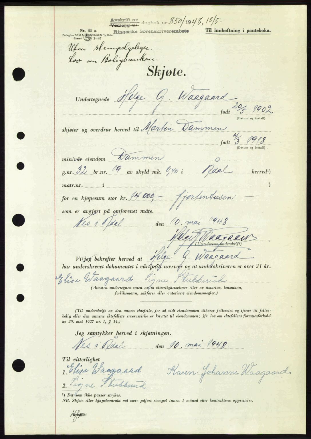 Ringerike sorenskriveri, SAKO/A-105/G/Ga/Gab/L0088: Pantebok nr. A-19, 1948-1948, Dagboknr: 850/1948