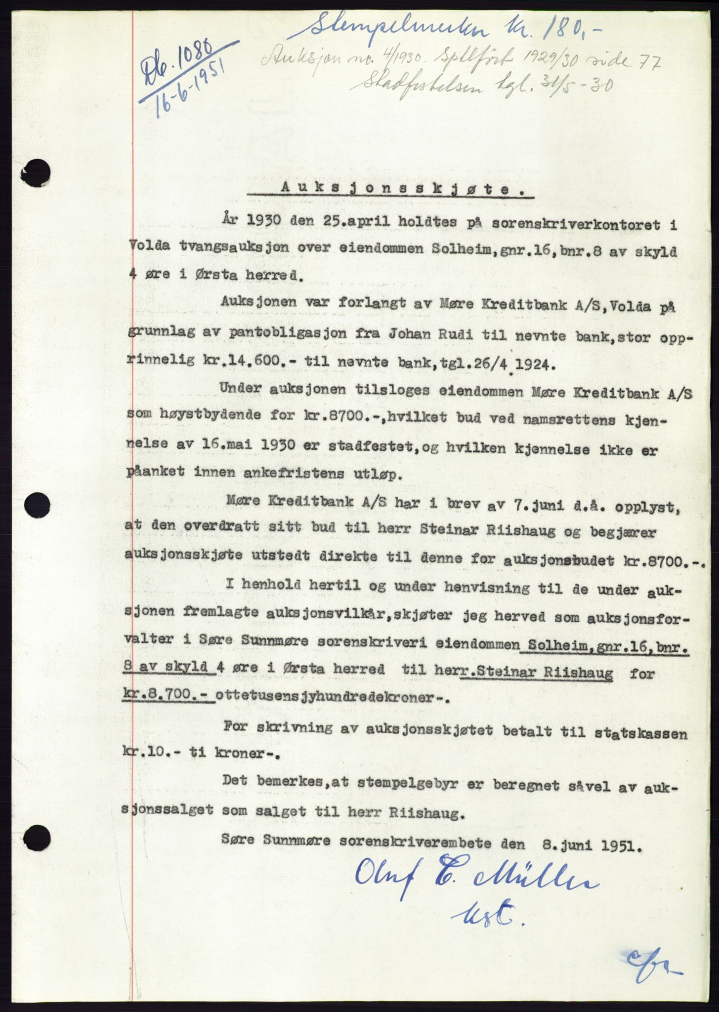 Søre Sunnmøre sorenskriveri, SAT/A-4122/1/2/2C/L0089: Pantebok nr. 15A, 1951-1951, Dagboknr: 1080/1951
