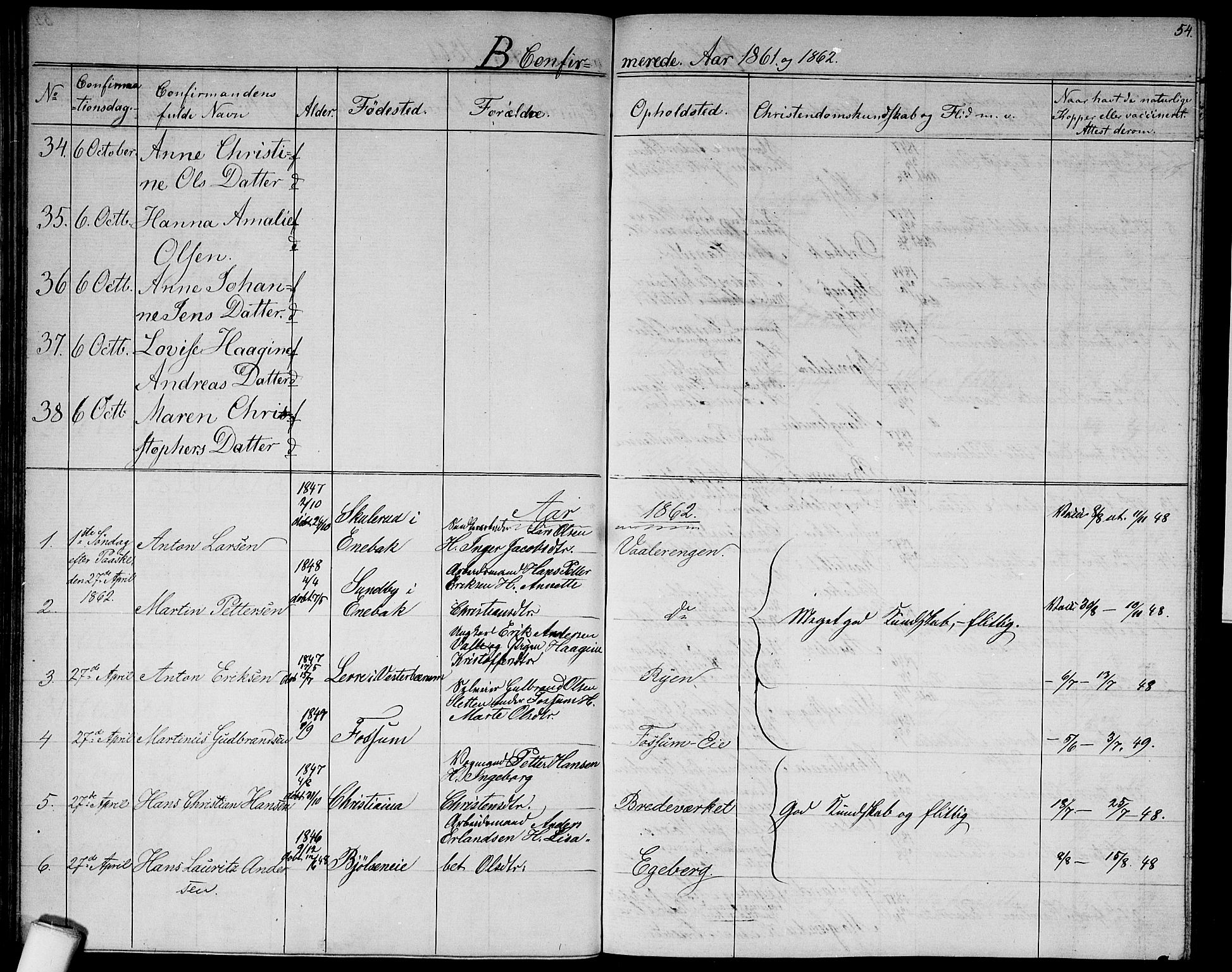Østre Aker prestekontor Kirkebøker, AV/SAO-A-10840/G/Ga/L0001: Klokkerbok nr. I 1, 1861-1864, s. 54