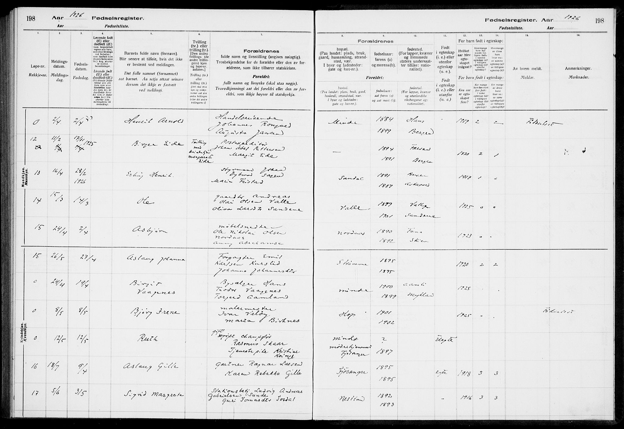 Birkeland Sokneprestembete, AV/SAB-A-74601/I/Id/L00A1: Fødselsregister nr. A 1, 1916-1926, s. 198