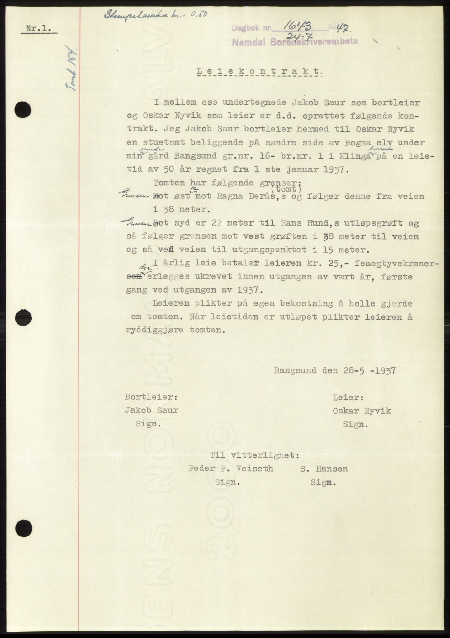 Namdal sorenskriveri, SAT/A-4133/1/2/2C: Pantebok nr. -, 1947-1947, Dagboknr: 1643/1947