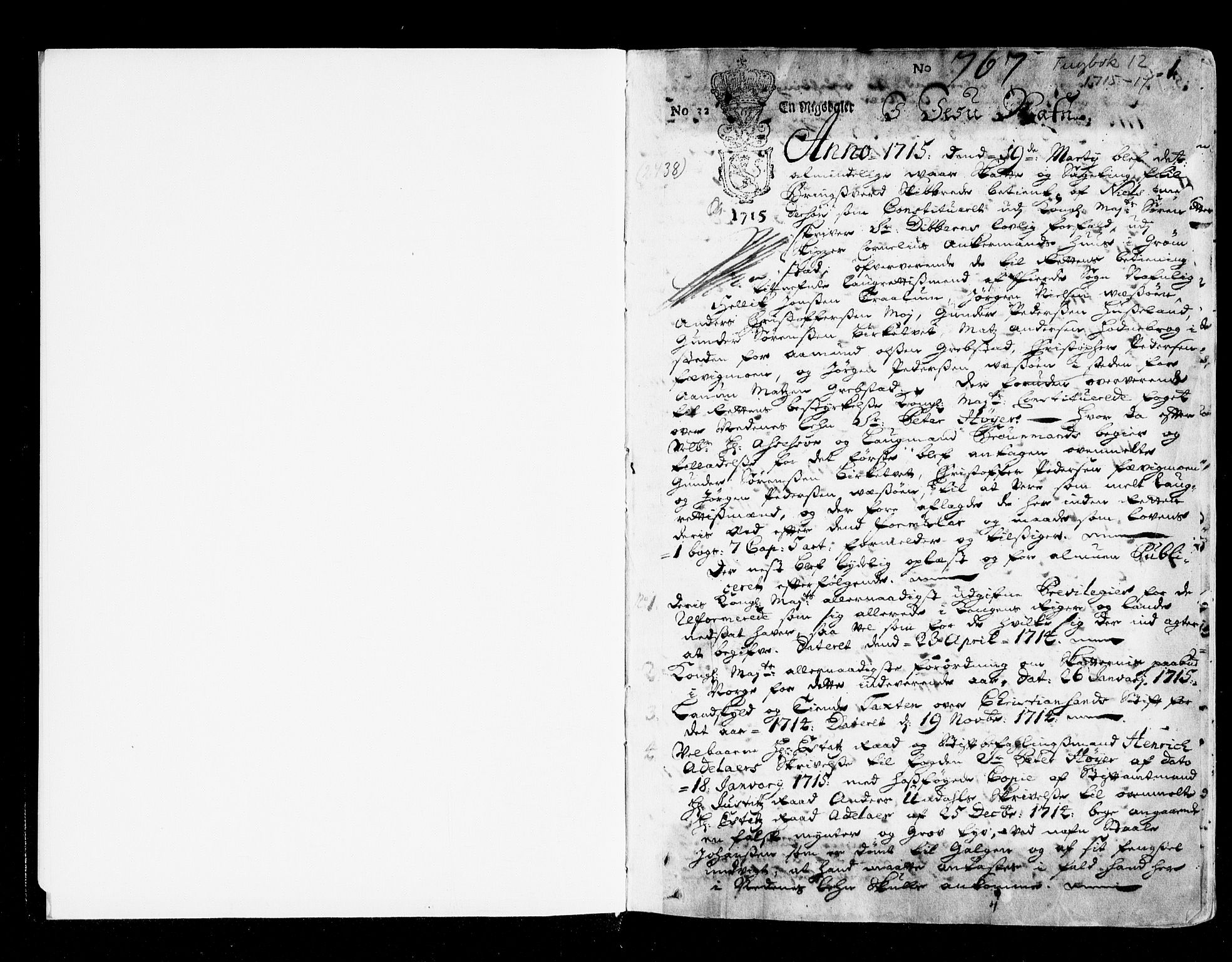 Nedenes sorenskriveri før 1824, SAK/1221-0007/F/Fa/L0017: Tingbok med register nr 12, 1715-1717, s. 0b-1a