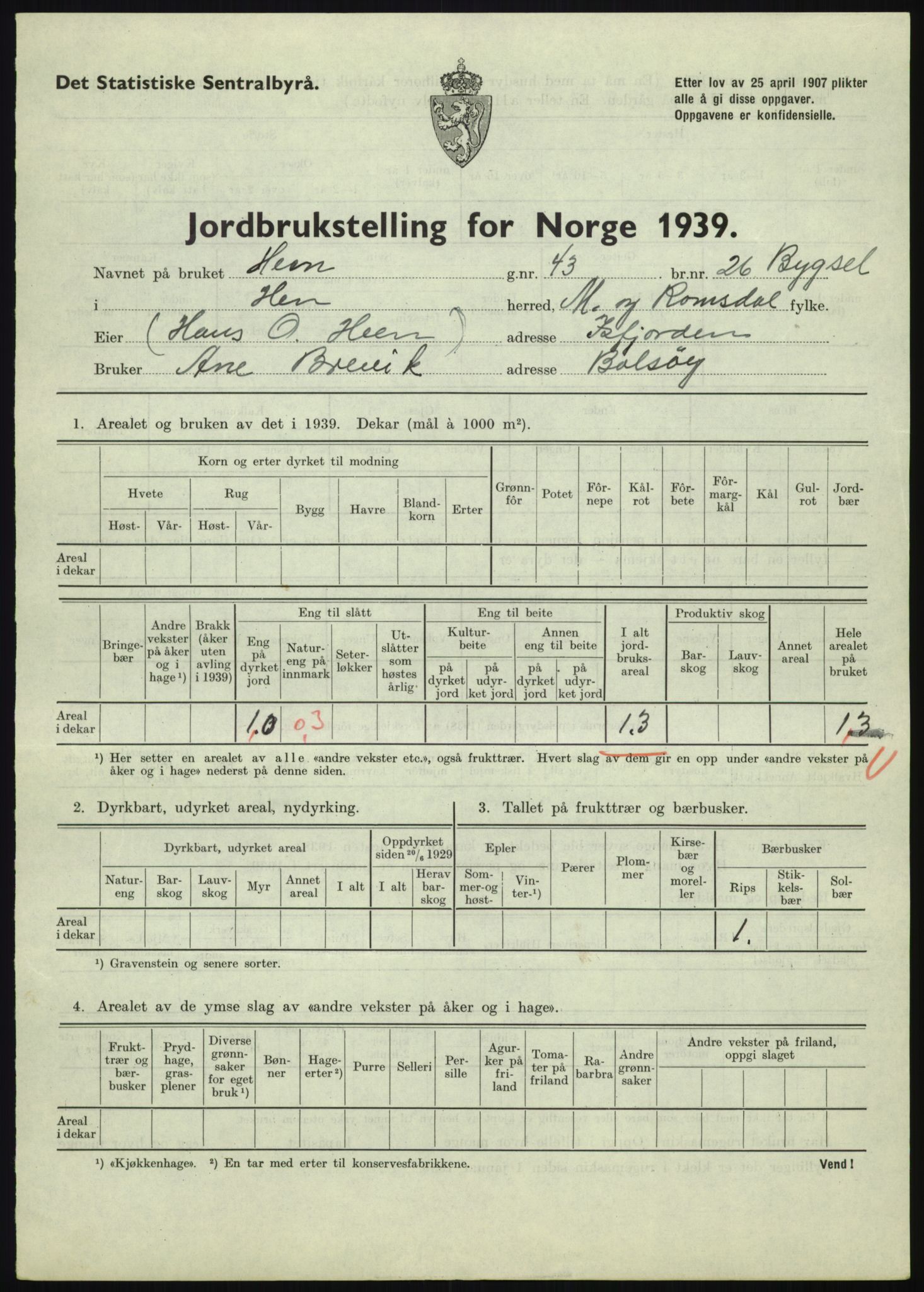 Statistisk sentralbyrå, Næringsøkonomiske emner, Jordbruk, skogbruk, jakt, fiske og fangst, AV/RA-S-2234/G/Gb/L0251: Møre og Romsdal: Voll, Eid, Grytten og Hen, 1939, s. 939