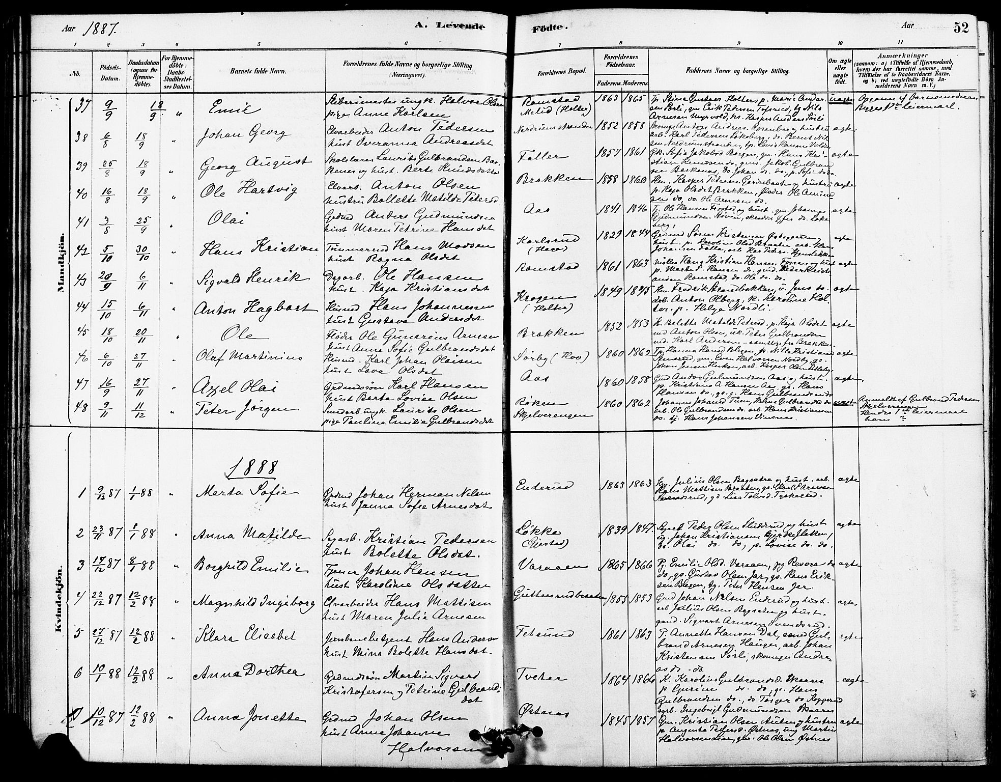 Fet prestekontor Kirkebøker, AV/SAO-A-10370a/F/Fa/L0014: Ministerialbok nr. I 14, 1878-1891, s. 52