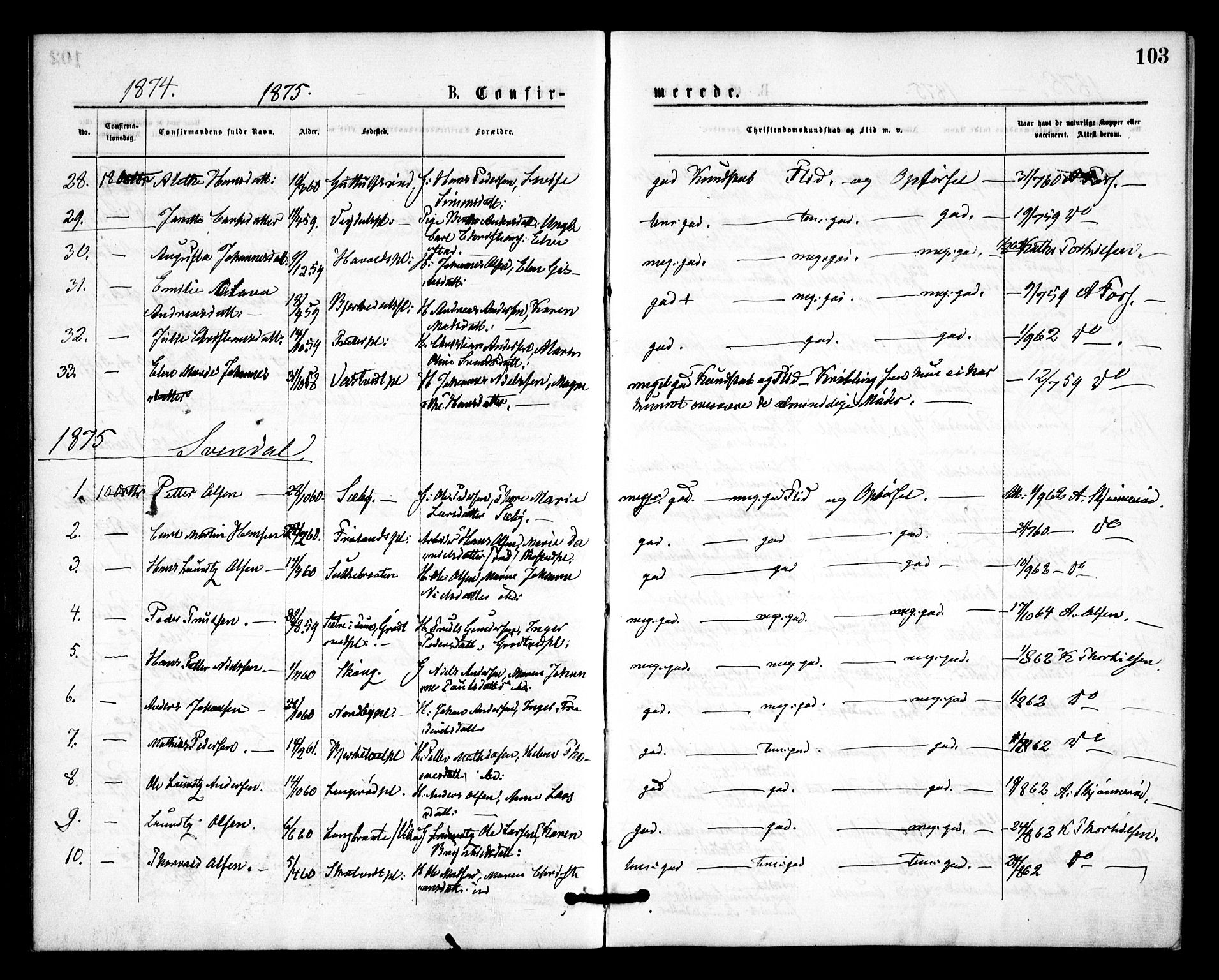 Våler prestekontor Kirkebøker, AV/SAO-A-11083/F/Fa/L0009: Ministerialbok nr. I 9, 1873-1877, s. 103