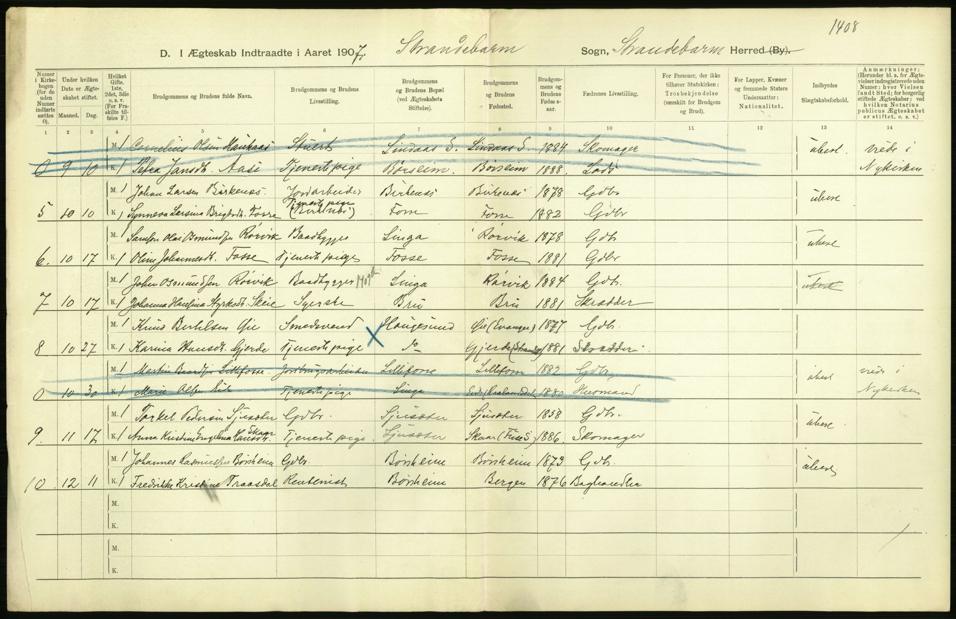 Statistisk sentralbyrå, Sosiodemografiske emner, Befolkning, RA/S-2228/D/Df/Dfa/Dfae/L0029: S. Bergenhus amt: Gifte, dødfødte. Bygder., 1907, s. 232