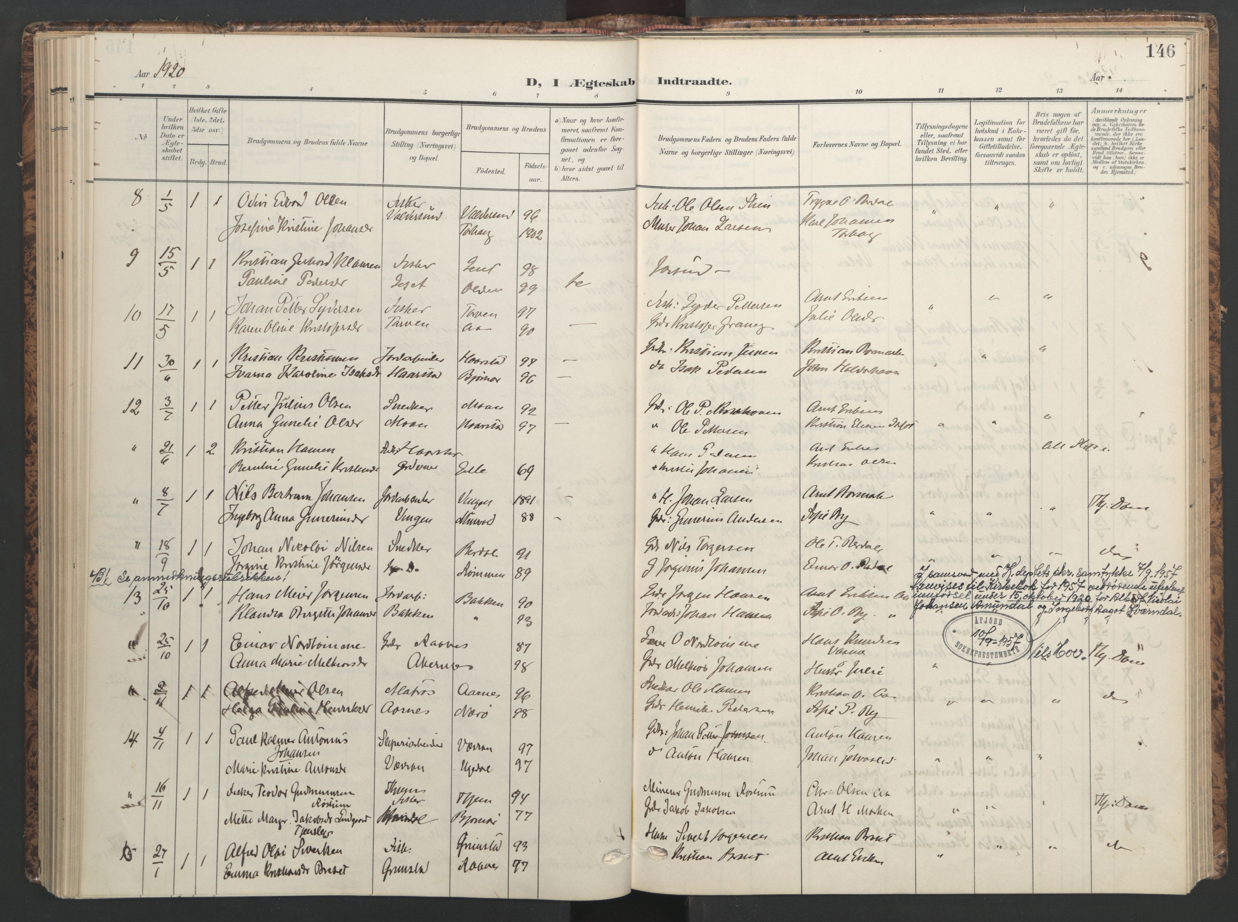 Ministerialprotokoller, klokkerbøker og fødselsregistre - Sør-Trøndelag, AV/SAT-A-1456/655/L0682: Ministerialbok nr. 655A11, 1908-1922, s. 146