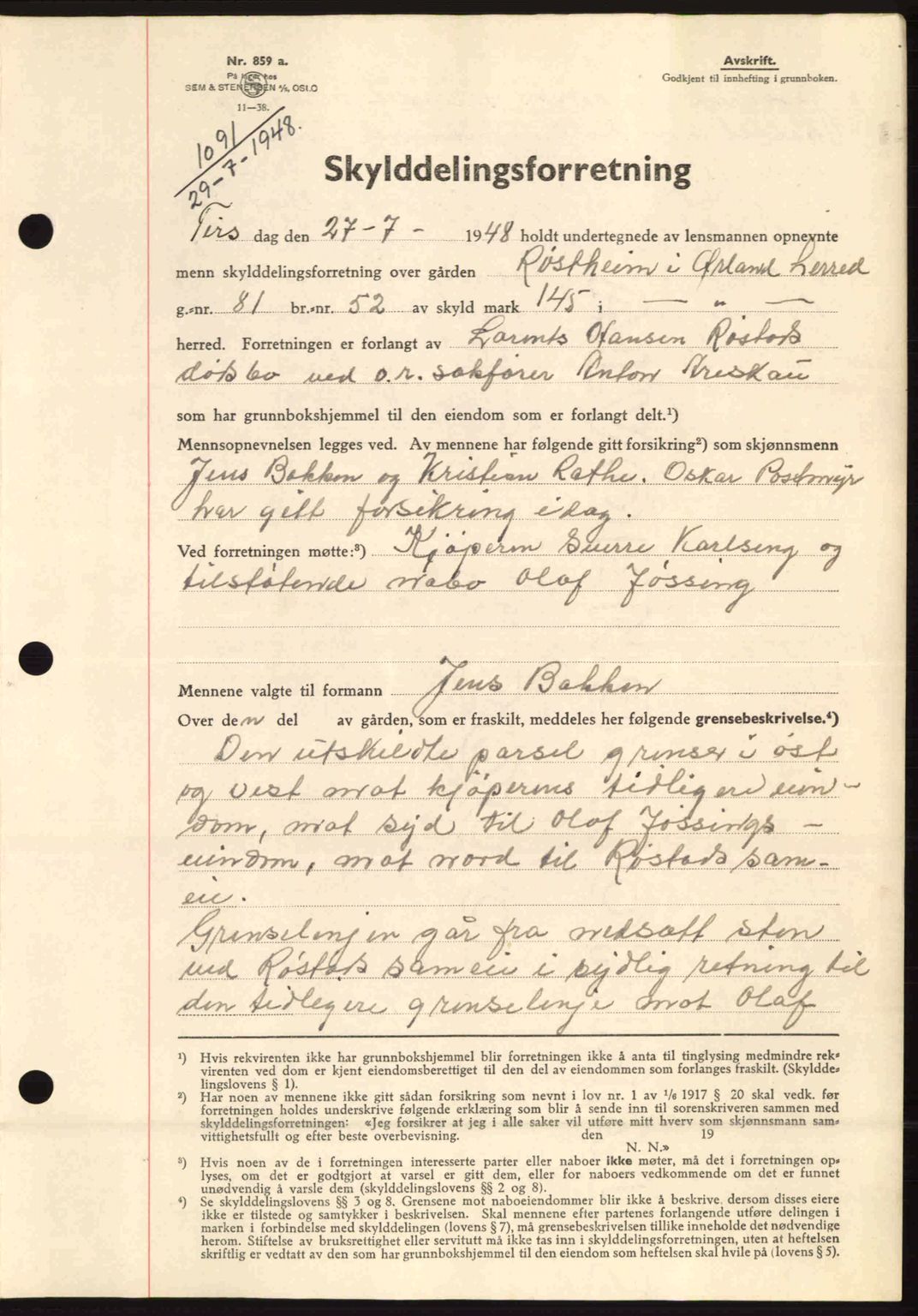 Fosen sorenskriveri, AV/SAT-A-1107/1/2/2C: Pantebok nr. A8, 1948-1948, Dagboknr: 1091/1948