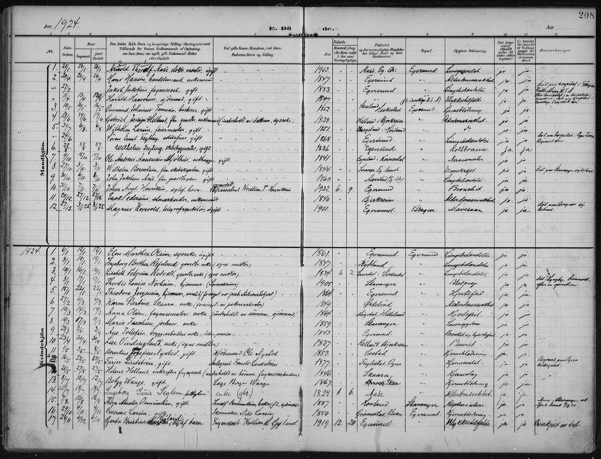 Eigersund sokneprestkontor, SAST/A-101807/S08/L0022: Ministerialbok nr. A 21, 1905-1928, s. 208