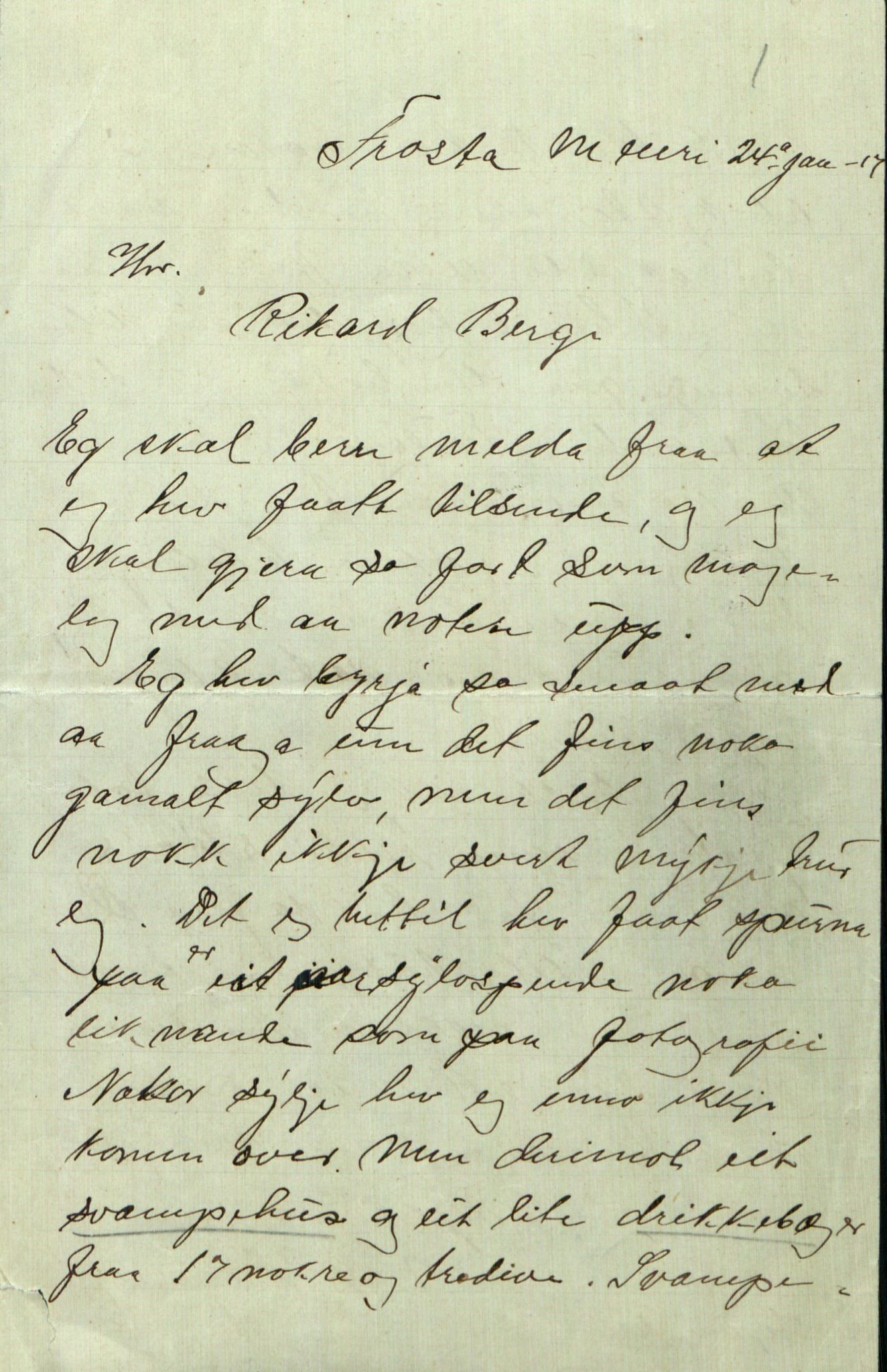 Rikard Berge, TEMU/TGM-A-1003/F/L0010/0012: 357-380 / 368 Brev med opplysninger om sølv (spenner, søljer o.s.b.) sølvsedar l.l., svar på sårøsmål frå Rikard Berge. Nokre få foto., s. 1