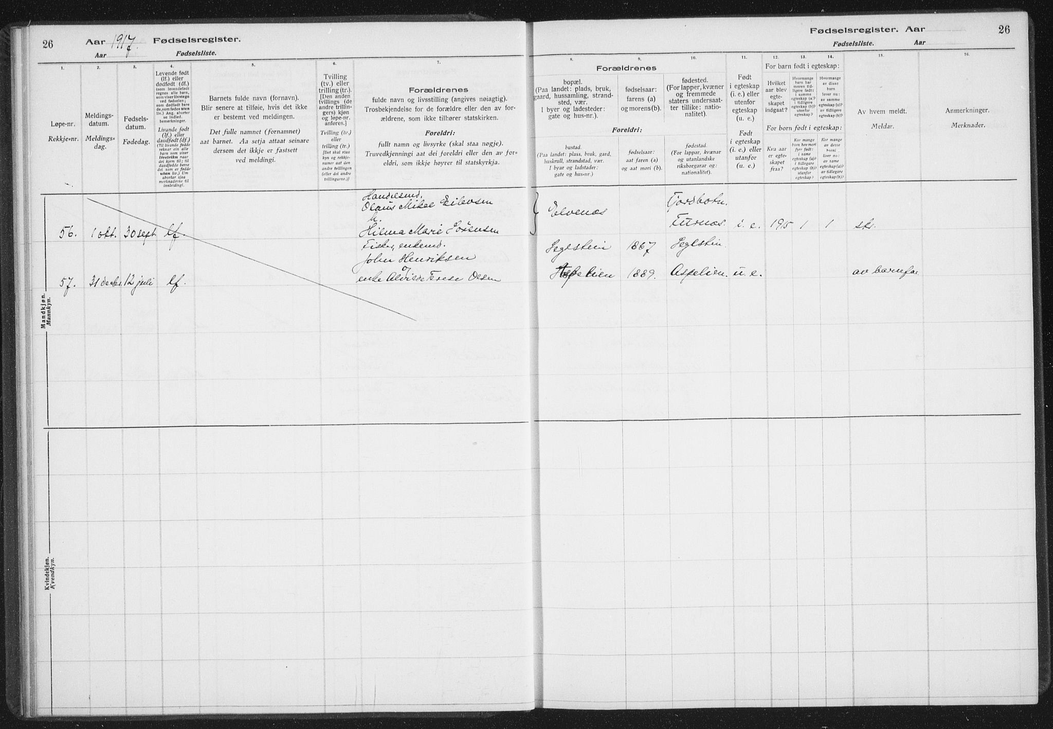 Ibestad sokneprestembete, AV/SATØ-S-0077/I/Ic/L0061: Fødselsregister nr. 61, 1917-1929, s. 26