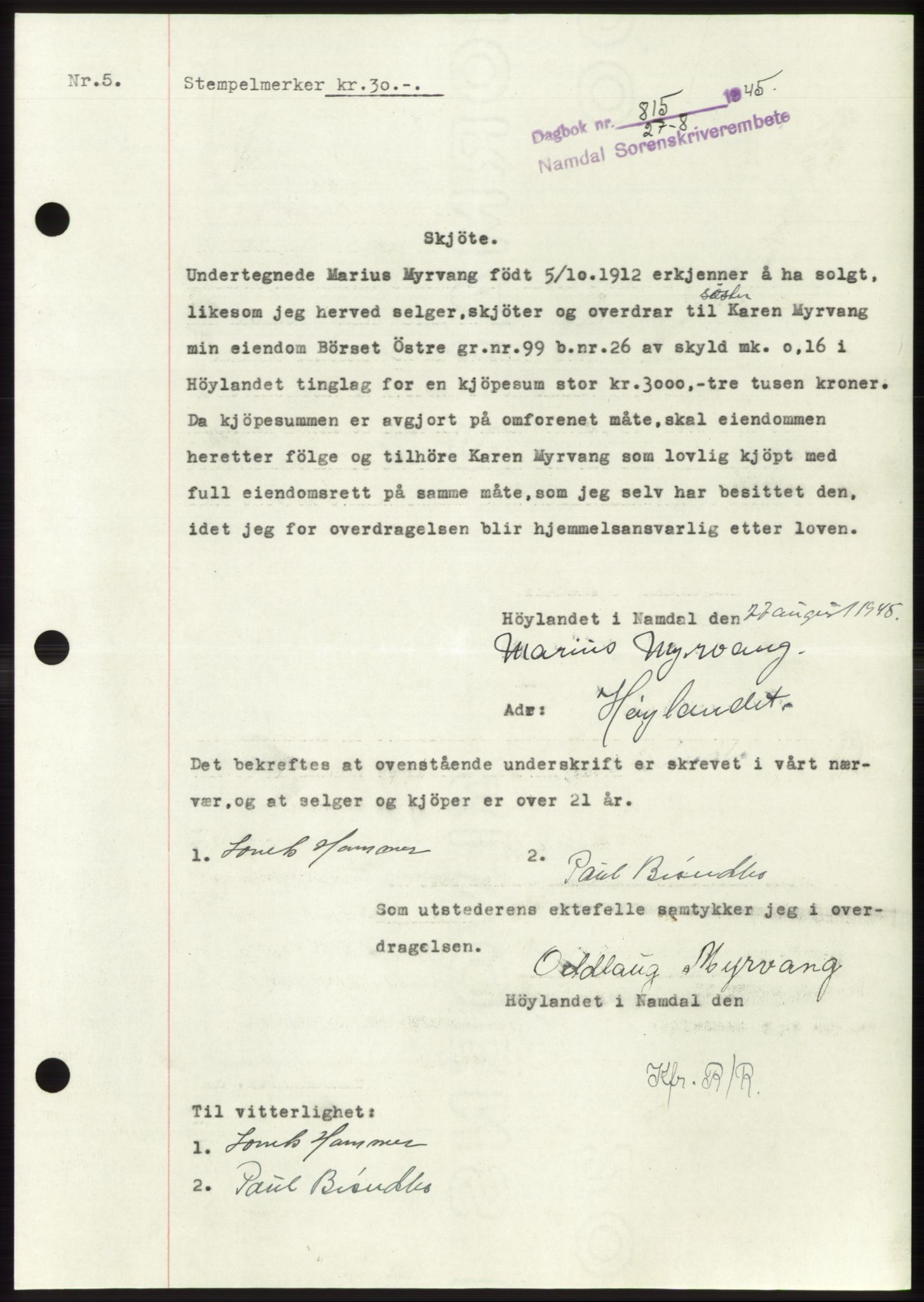 Namdal sorenskriveri, SAT/A-4133/1/2/2C: Pantebok nr. -, 1944-1945, Dagboknr: 815/1945
