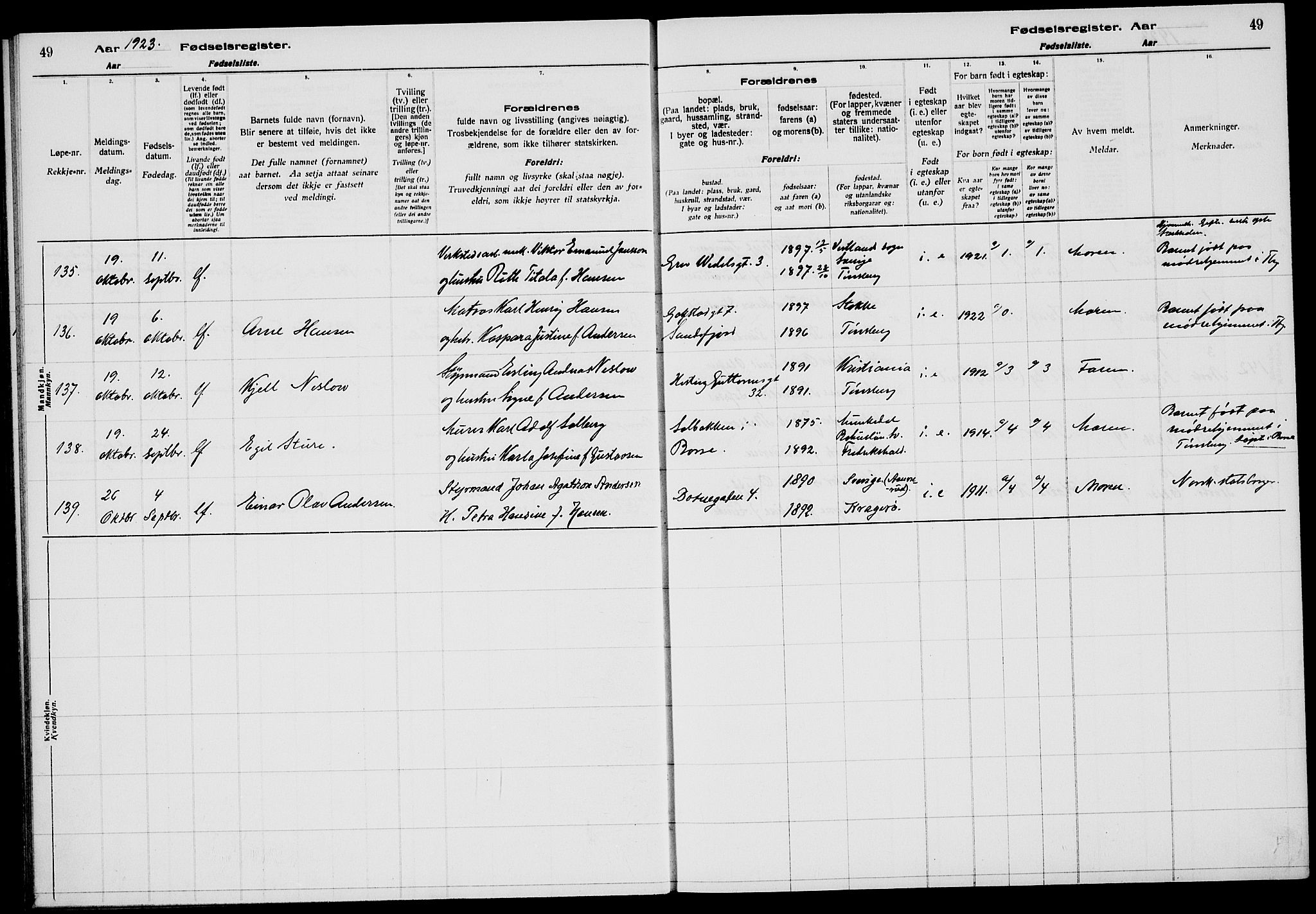 Tønsberg kirkebøker, AV/SAKO-A-330/J/Ja/L0002: Fødselsregister nr. 2, 1922-1928, s. 49