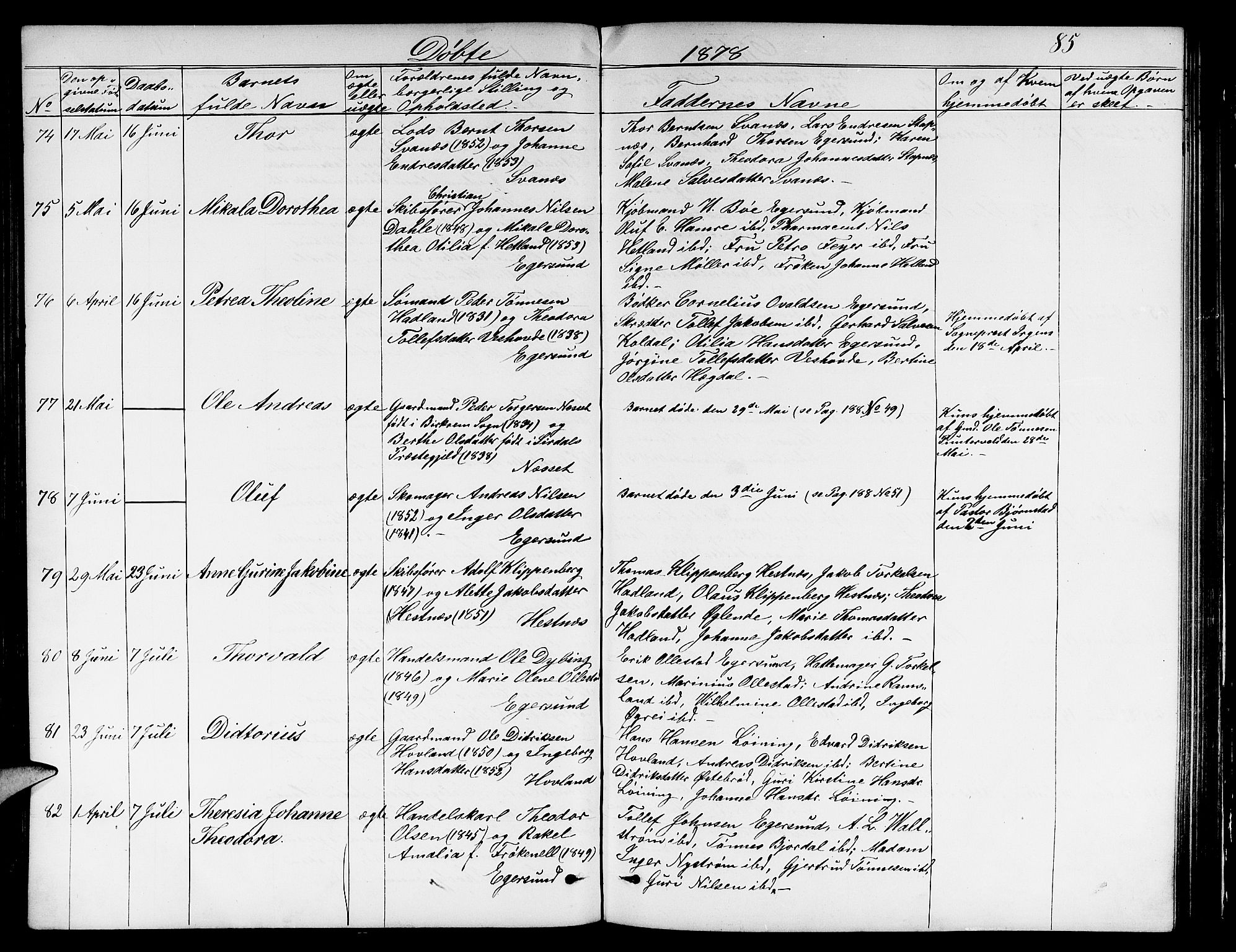 Eigersund sokneprestkontor, AV/SAST-A-101807/S09/L0005: Klokkerbok nr. B 5, 1872-1881, s. 85