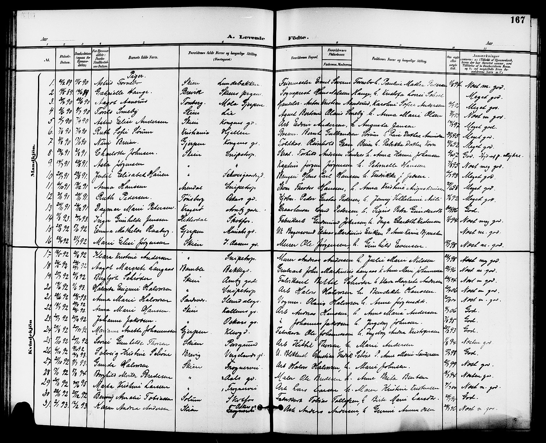 Skien kirkebøker, AV/SAKO-A-302/G/Ga/L0008: Klokkerbok nr. 8, 1900-1910, s. 167