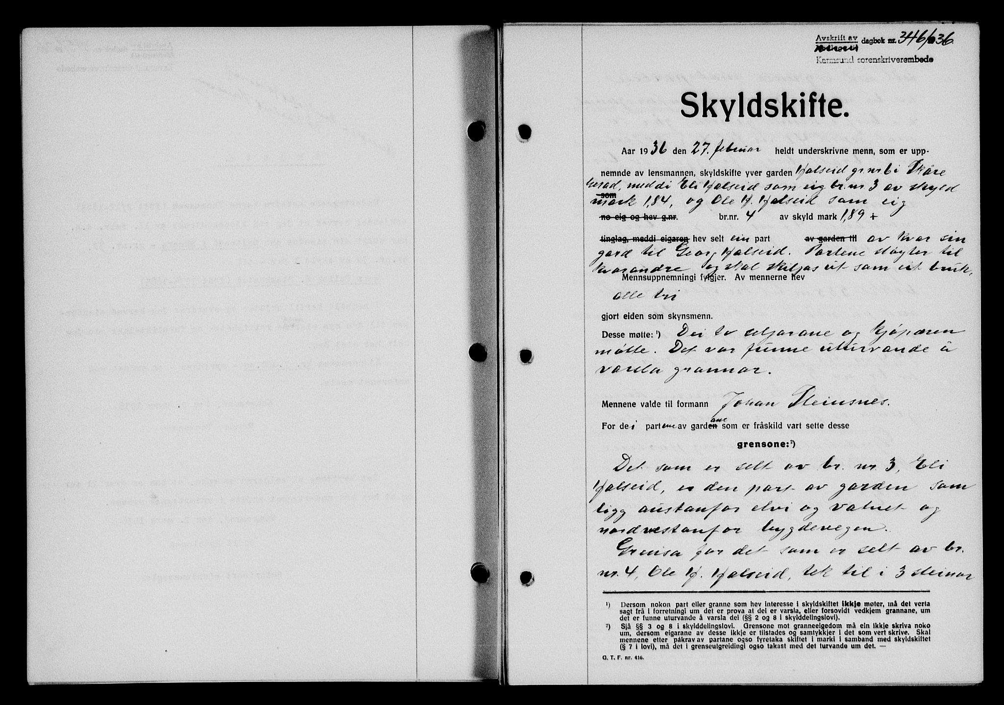 Karmsund sorenskriveri, SAST/A-100311/01/II/IIB/L0066: Pantebok nr. 47A, 1936-1936, Dagboknr: 346/1936