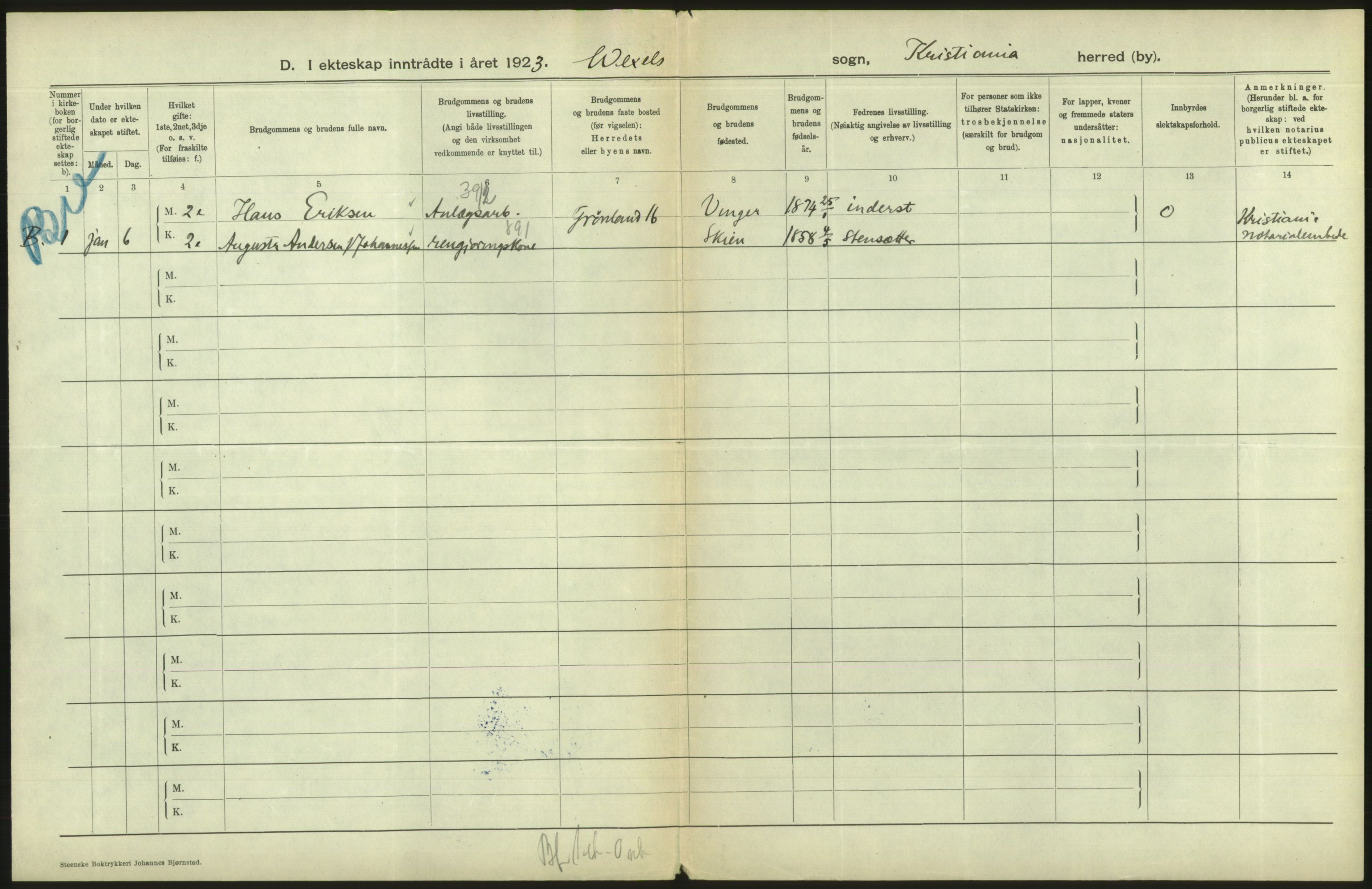 Statistisk sentralbyrå, Sosiodemografiske emner, Befolkning, AV/RA-S-2228/D/Df/Dfc/Dfcc/L0008: Kristiania: Gifte, 1923, s. 494